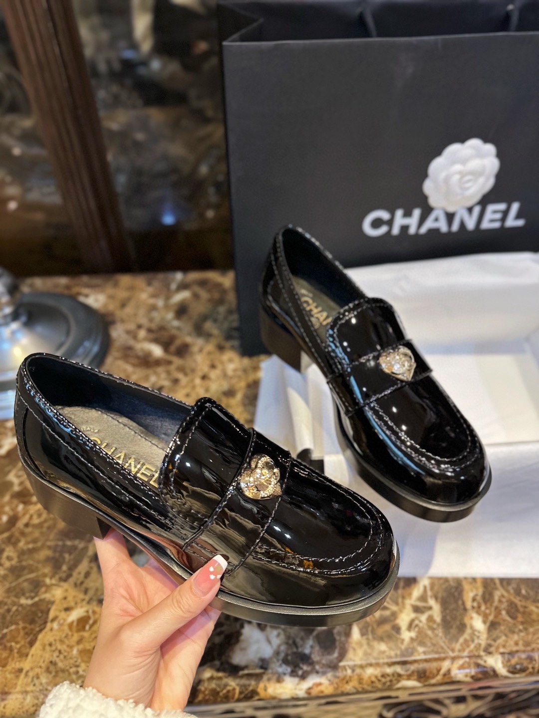 Chanel Patent Leather Heart Buckle Loafers