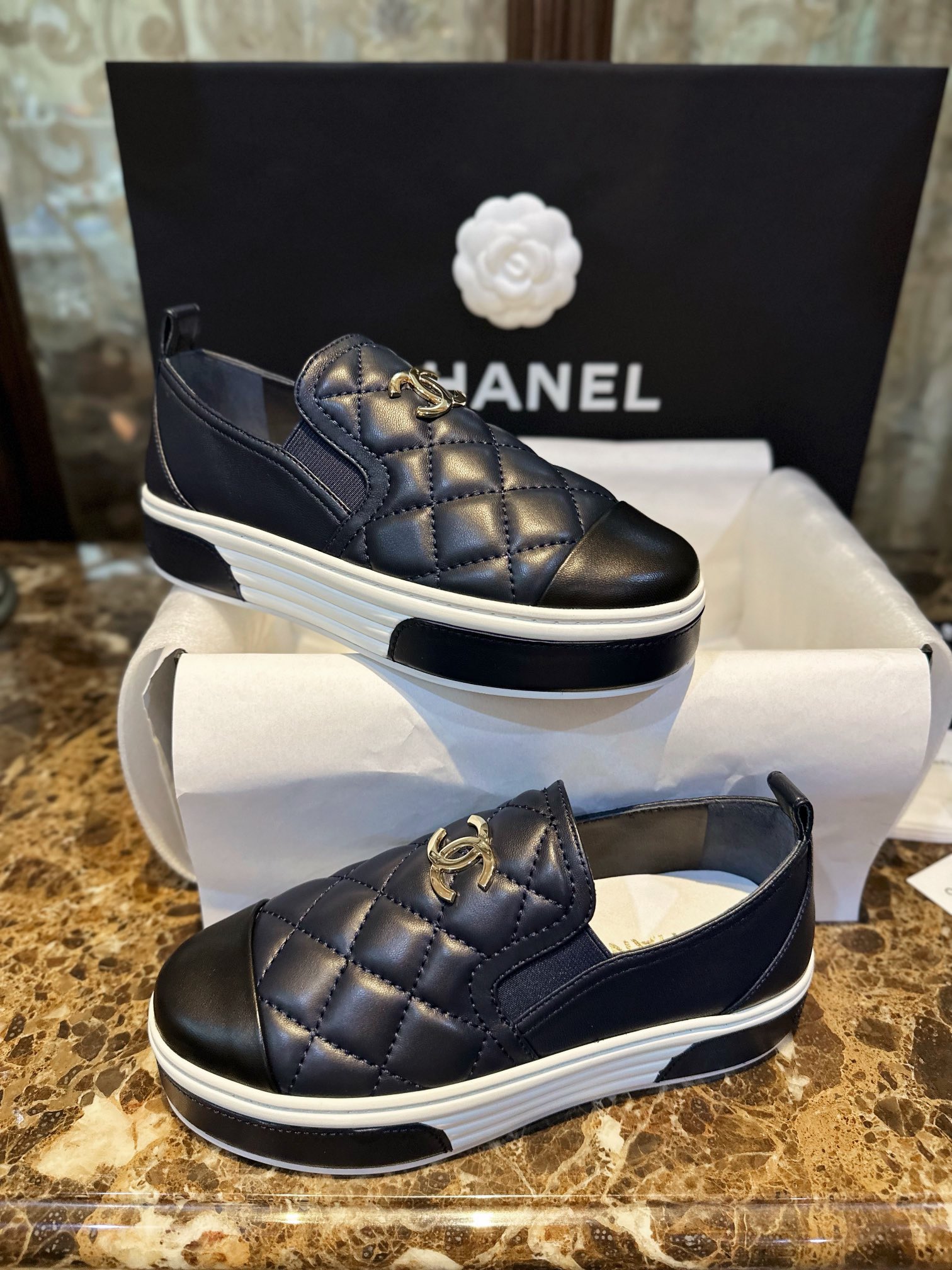 Chanel Blue and Black Patchwork Diamond Loafers