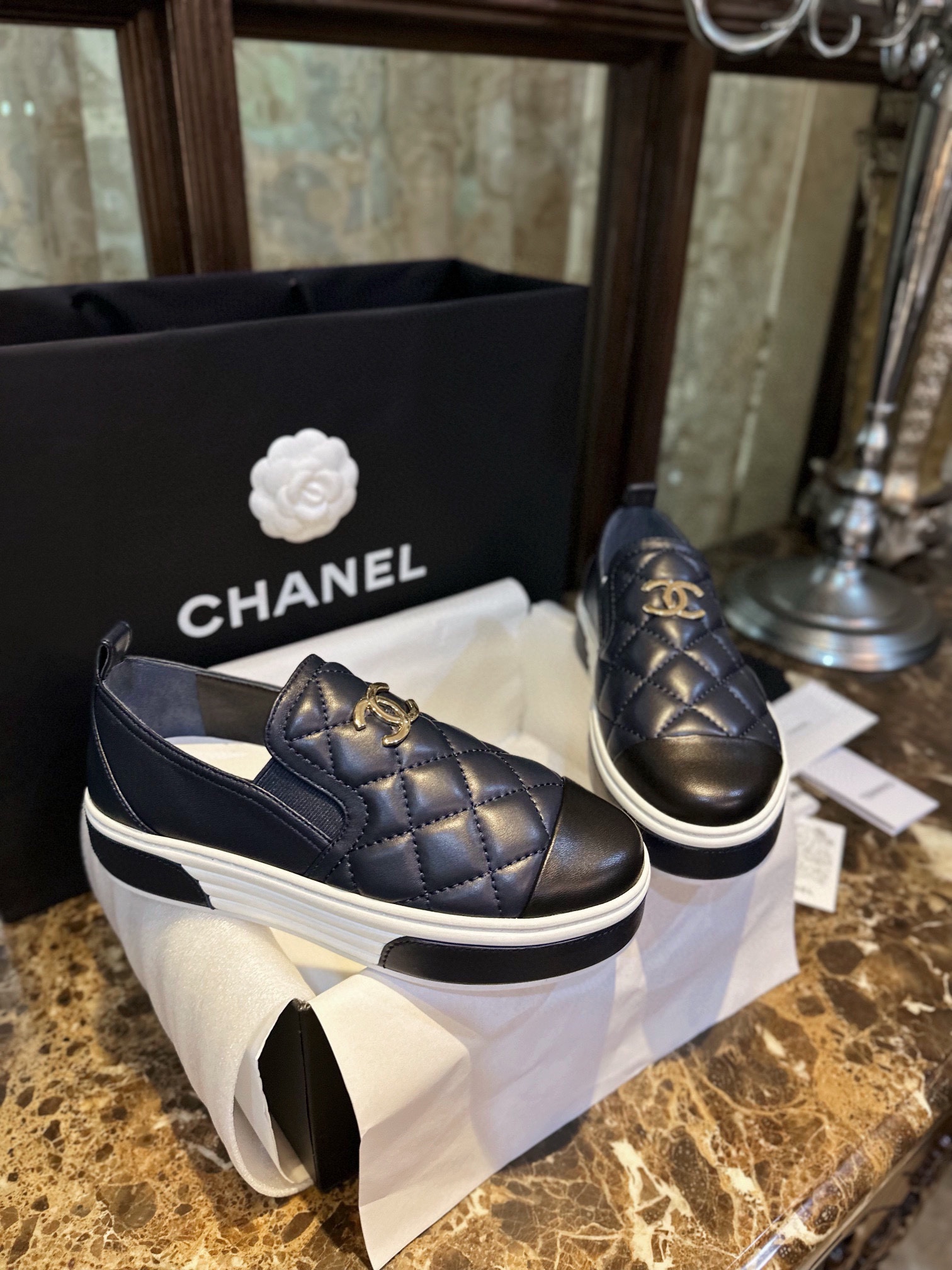 Chanel Blue and Black Patchwork Diamond Loafers