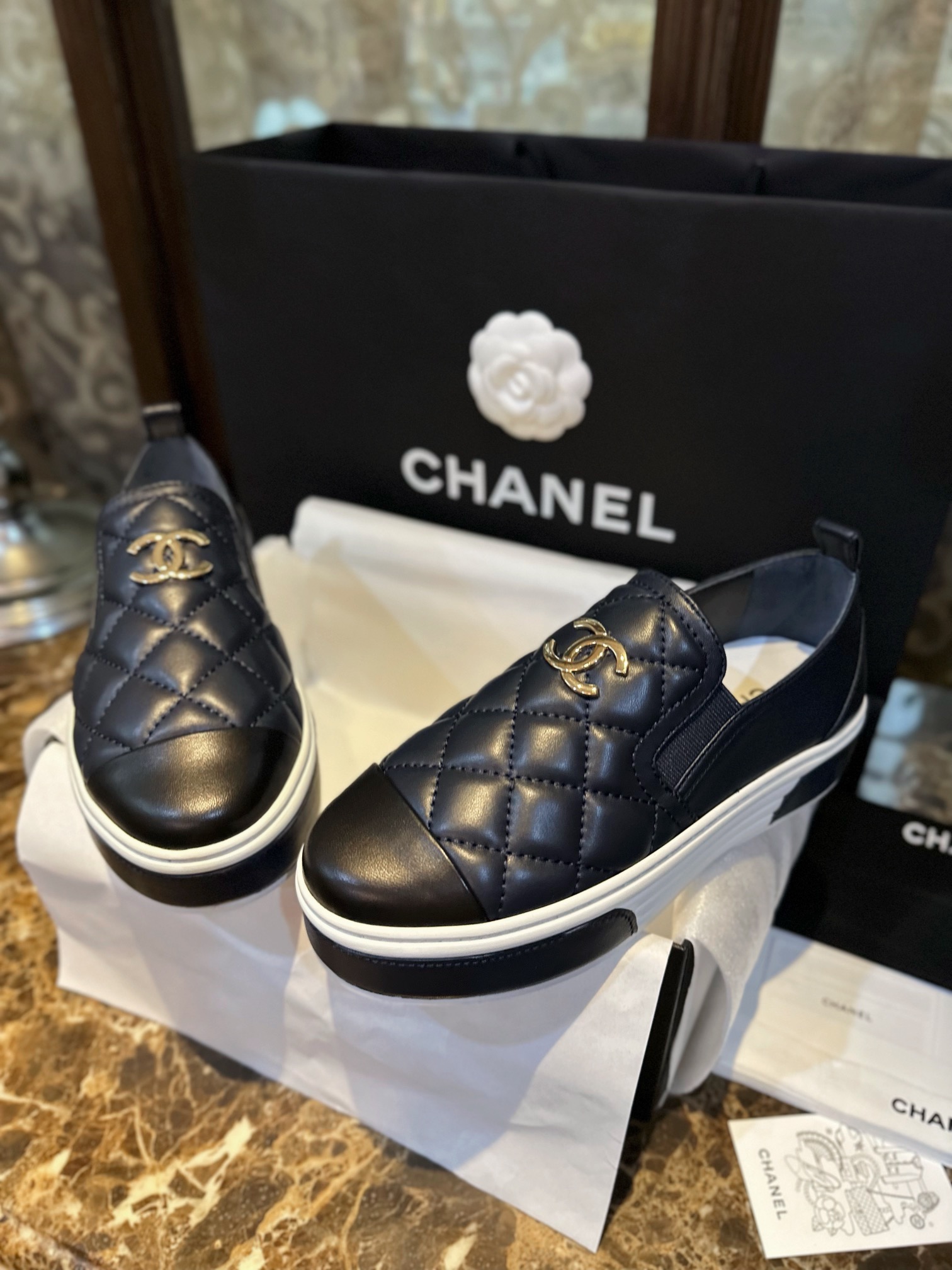 Chanel Blue and Black Patchwork Diamond Loafers