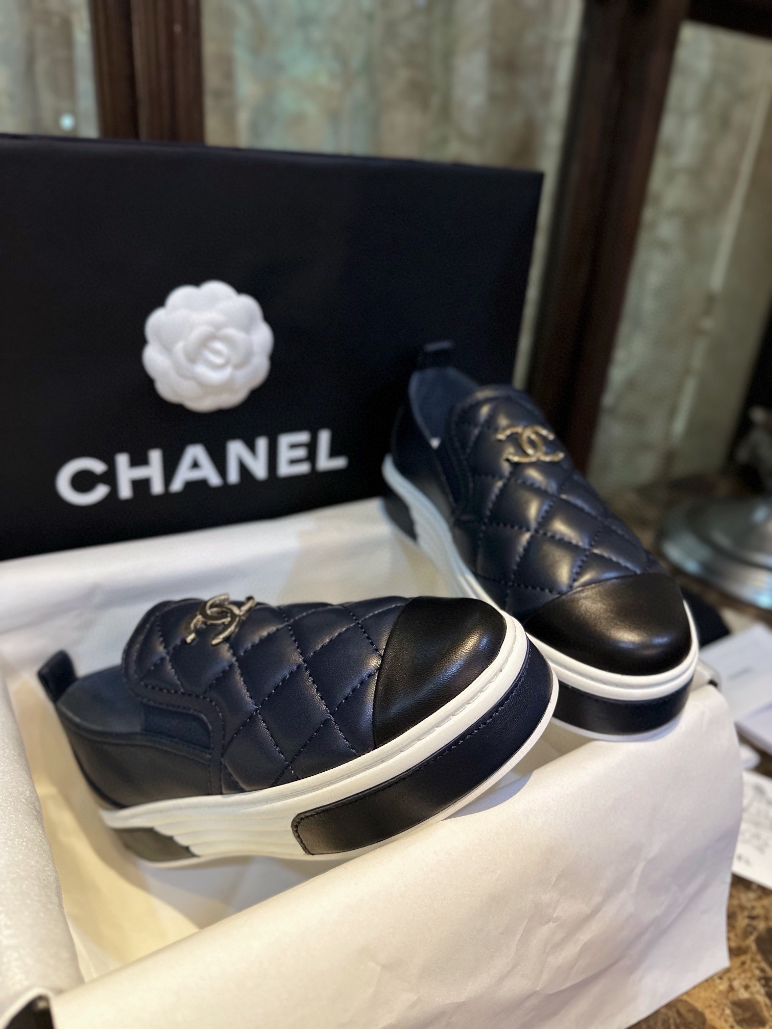 Chanel Blue and Black Patchwork Diamond Loafers