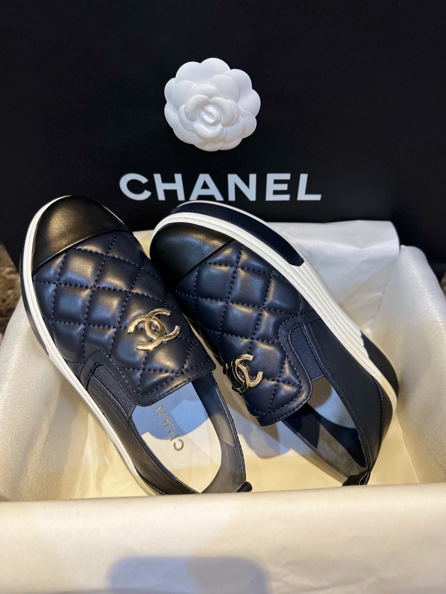 Chanel Blue and Black Patchwork Diamond Loafers