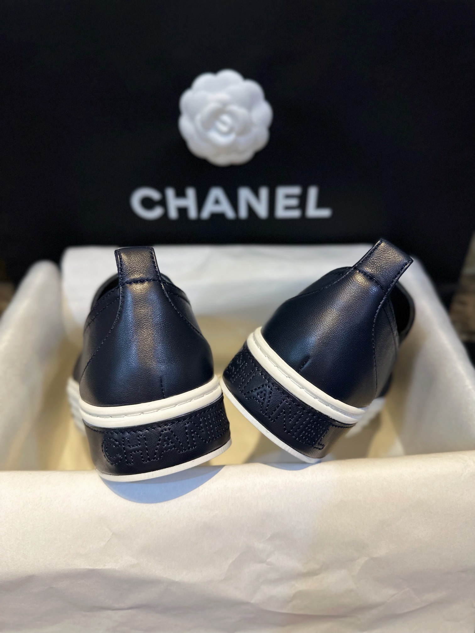 Chanel Blue and Black Patchwork Diamond Loafers