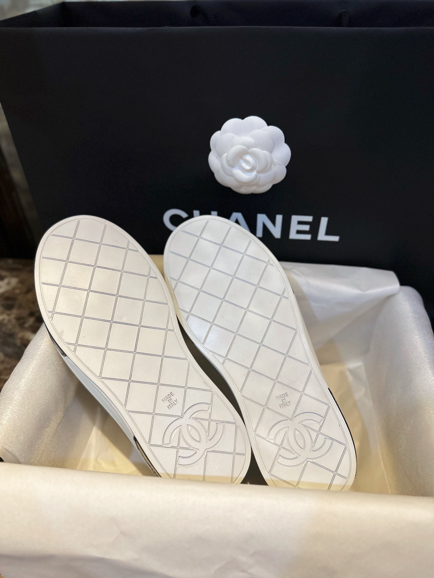 Chanel Blue and Black Patchwork Diamond Loafers