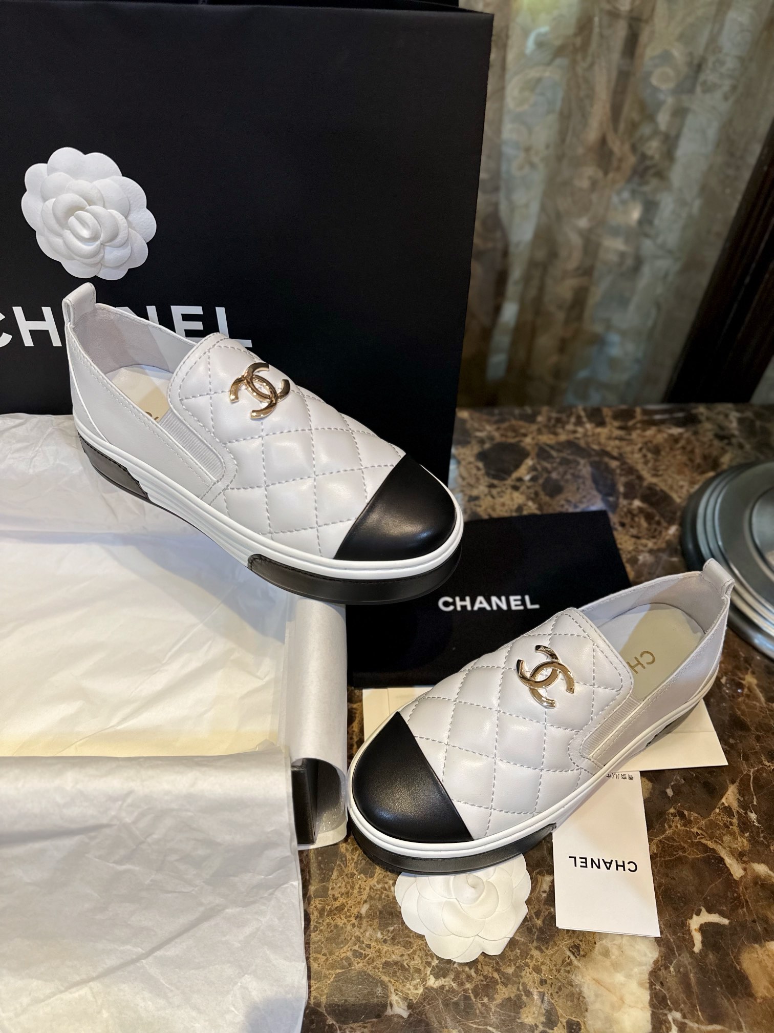 Chanel Black and White Diamond Loafers