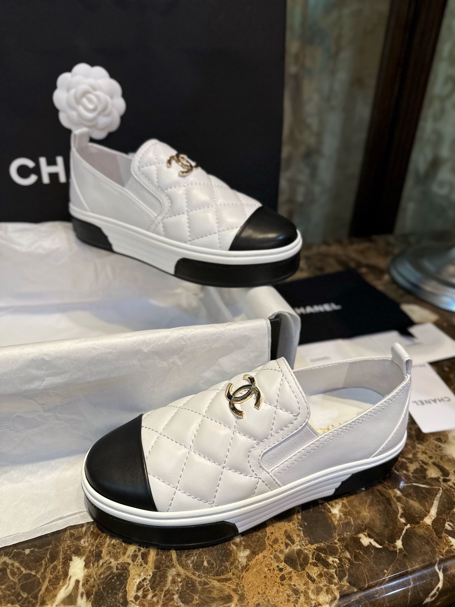 Chanel Black and White Diamond Loafers