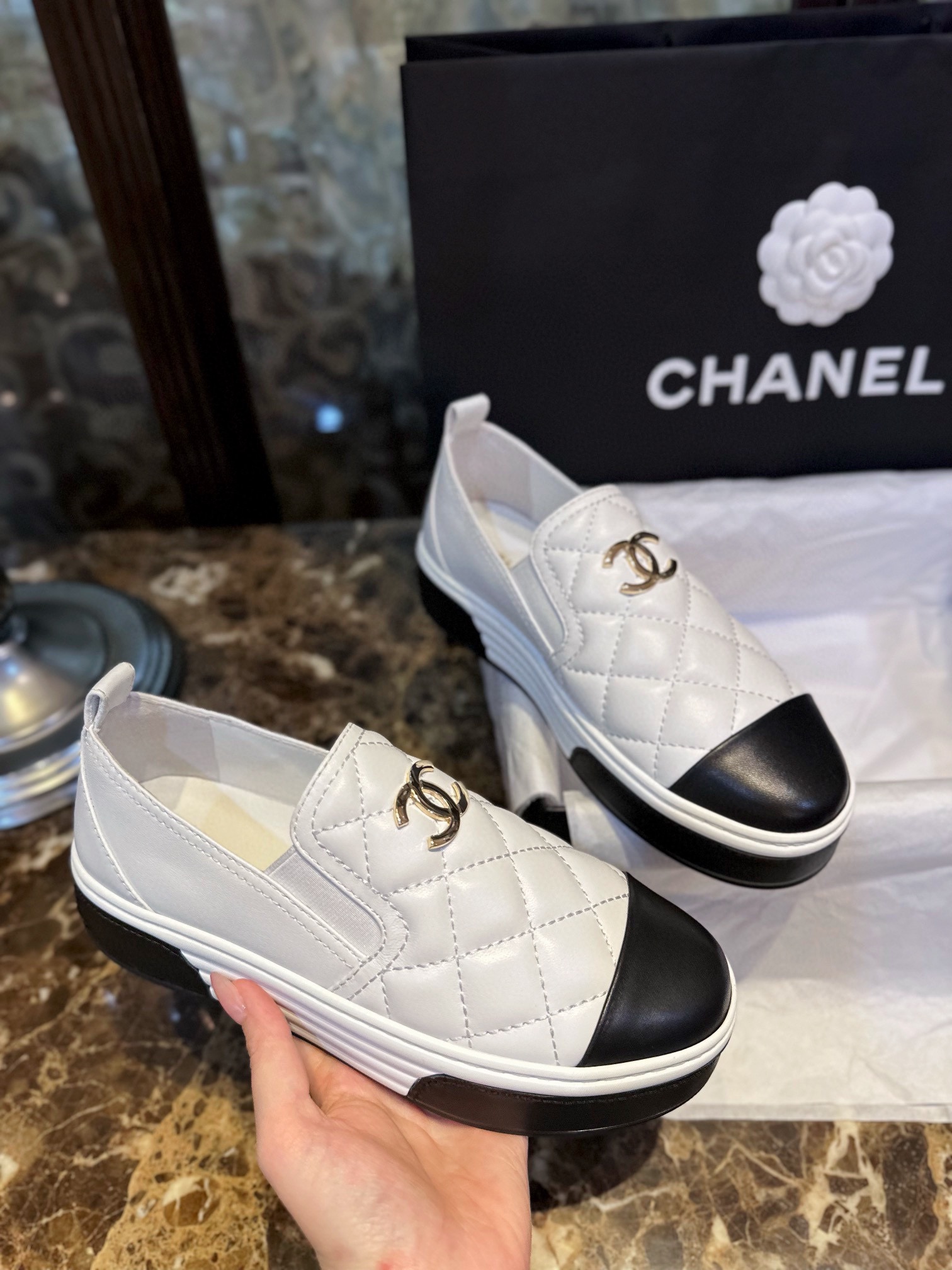 Chanel Black and White Diamond Loafers