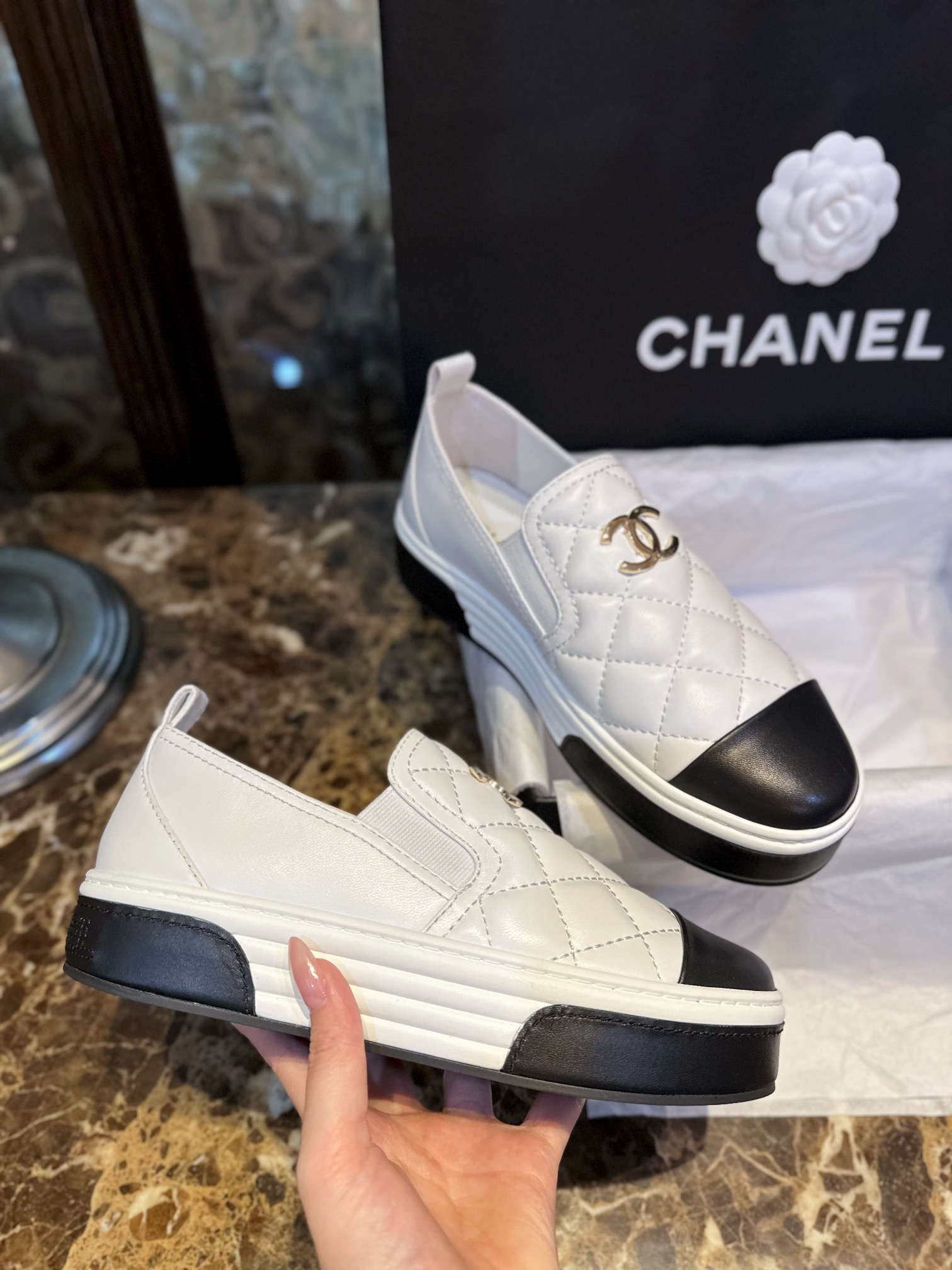 Chanel Black and White Diamond Loafers