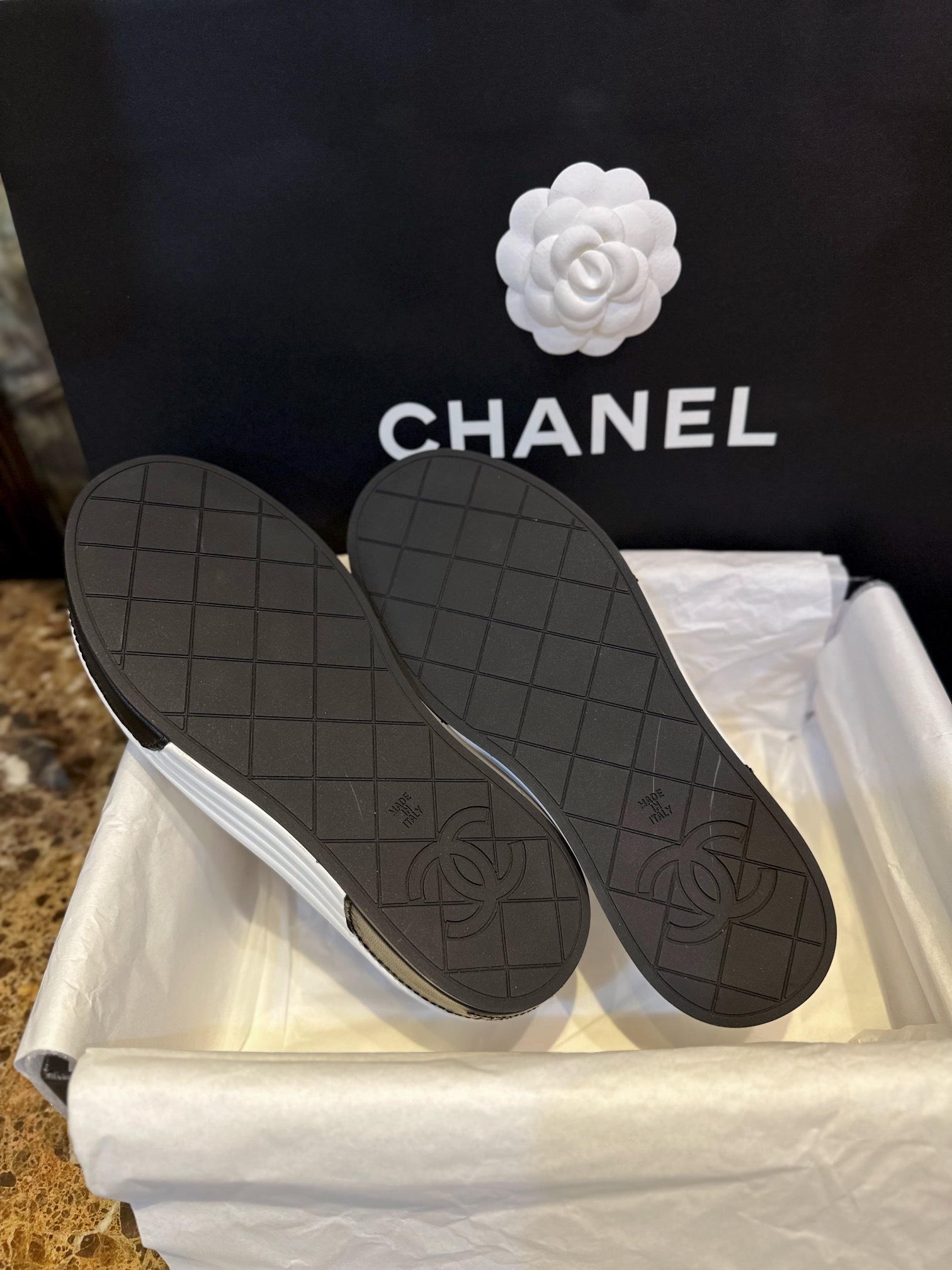 Chanel Black and White Diamond Loafers