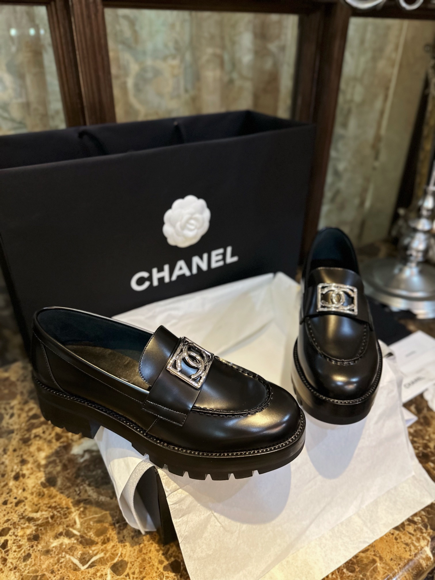 Chanel Platform Loafers with Silver Buckle