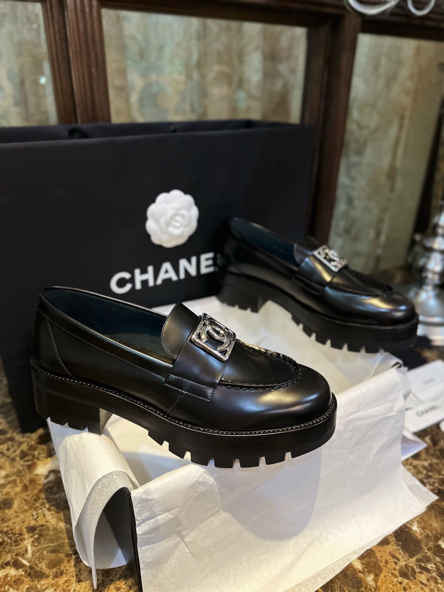 Chanel Platform Loafers with Silver Buckle