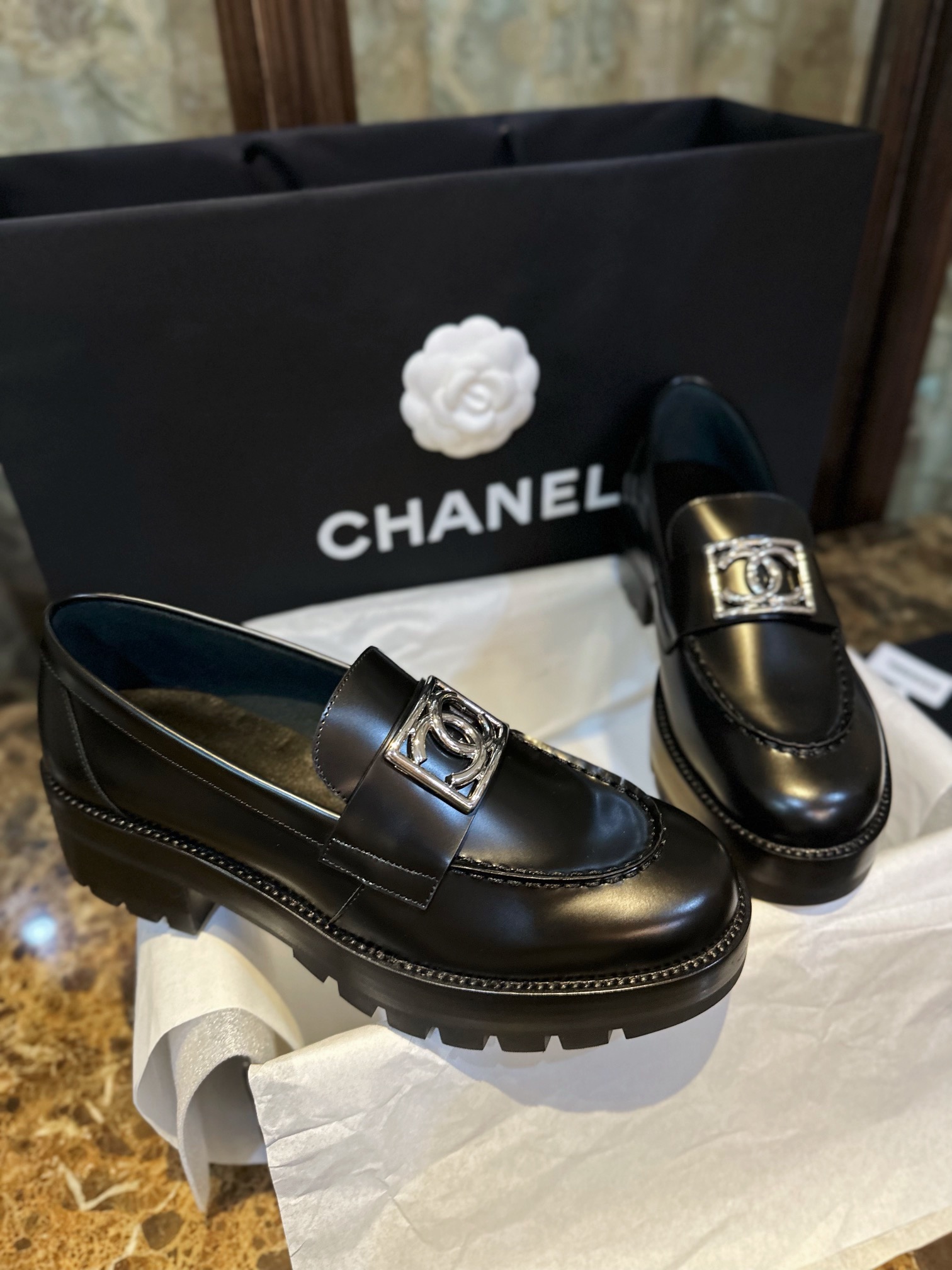 Chanel Platform Loafers with Silver Buckle