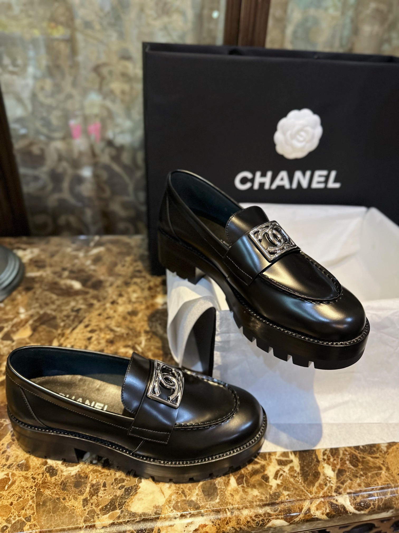 Chanel Platform Loafers with Silver Buckle