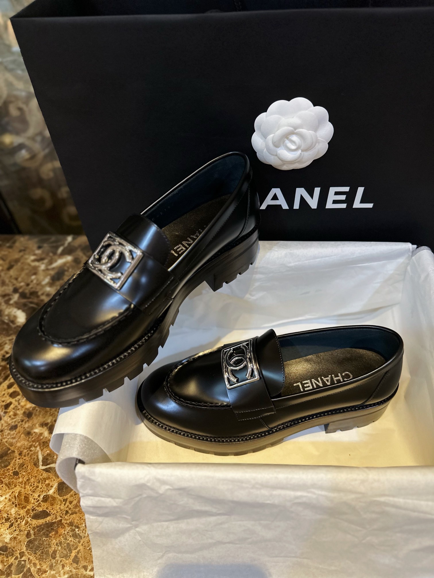 Chanel Platform Loafers with Silver Buckle