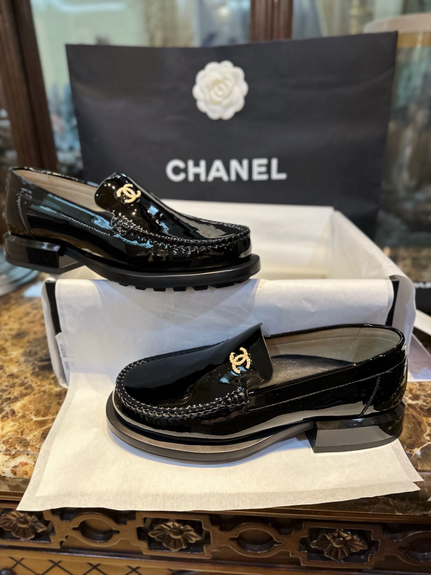 Chanel Big-Toe Patent Leather Loafers