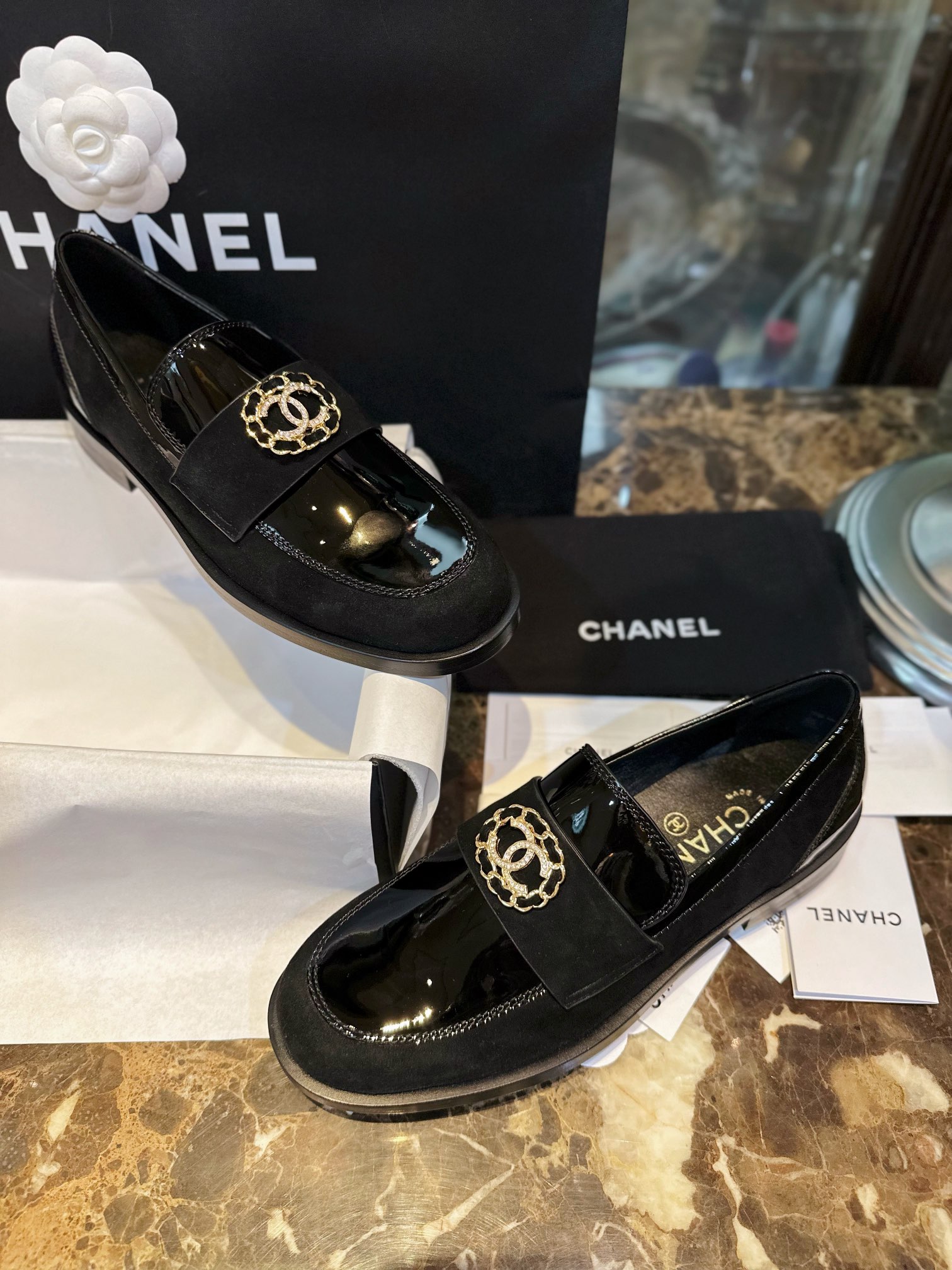 Chanel Black Patent Round Buckle Loafers