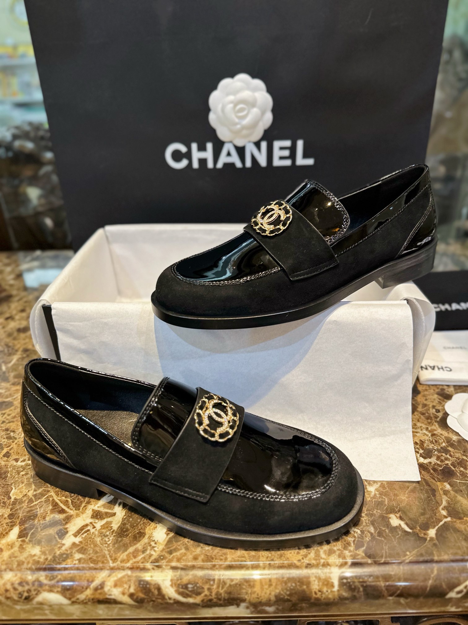 Chanel Black Patent Round Buckle Loafers