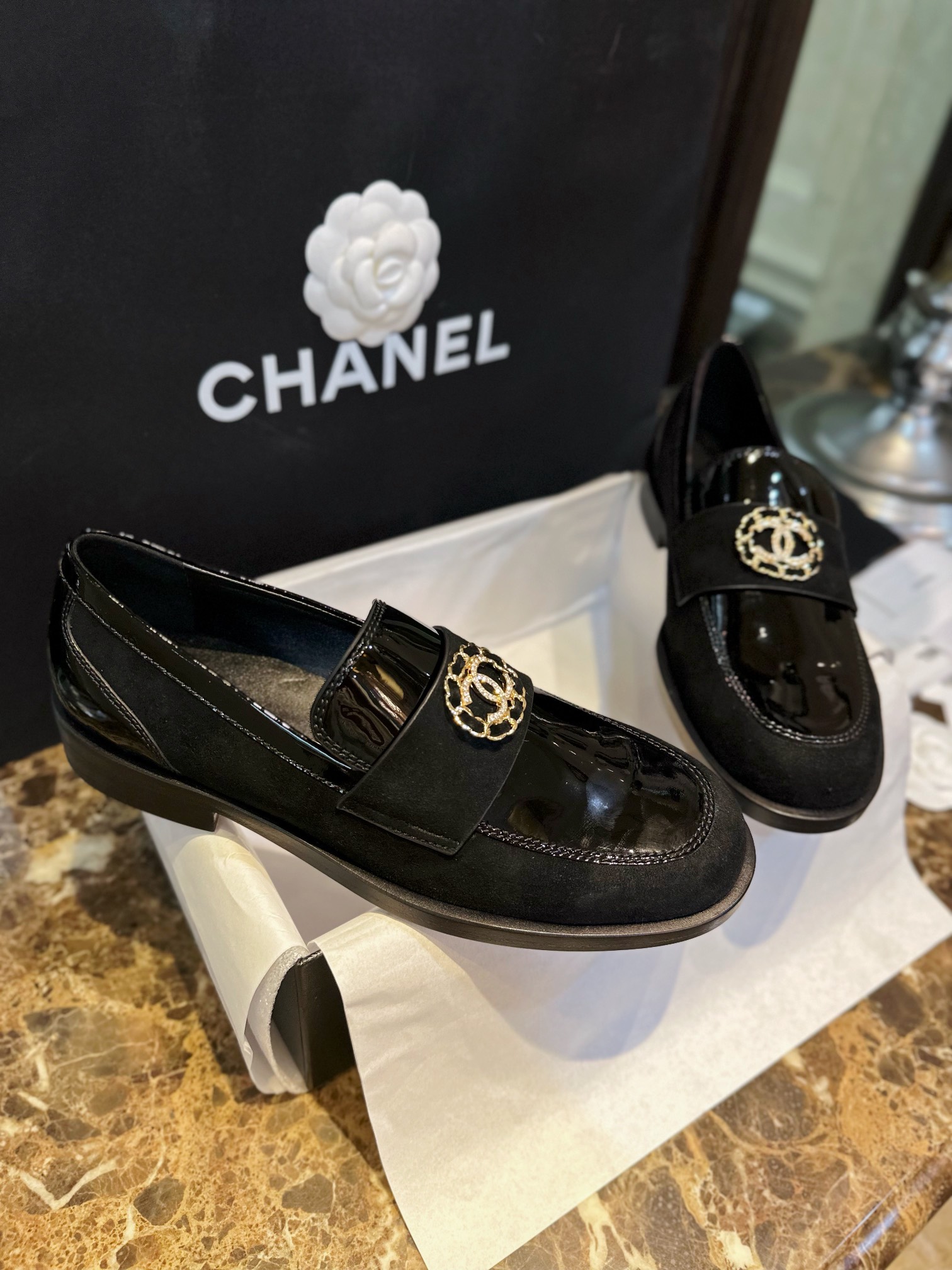 Chanel Black Patent Round Buckle Loafers