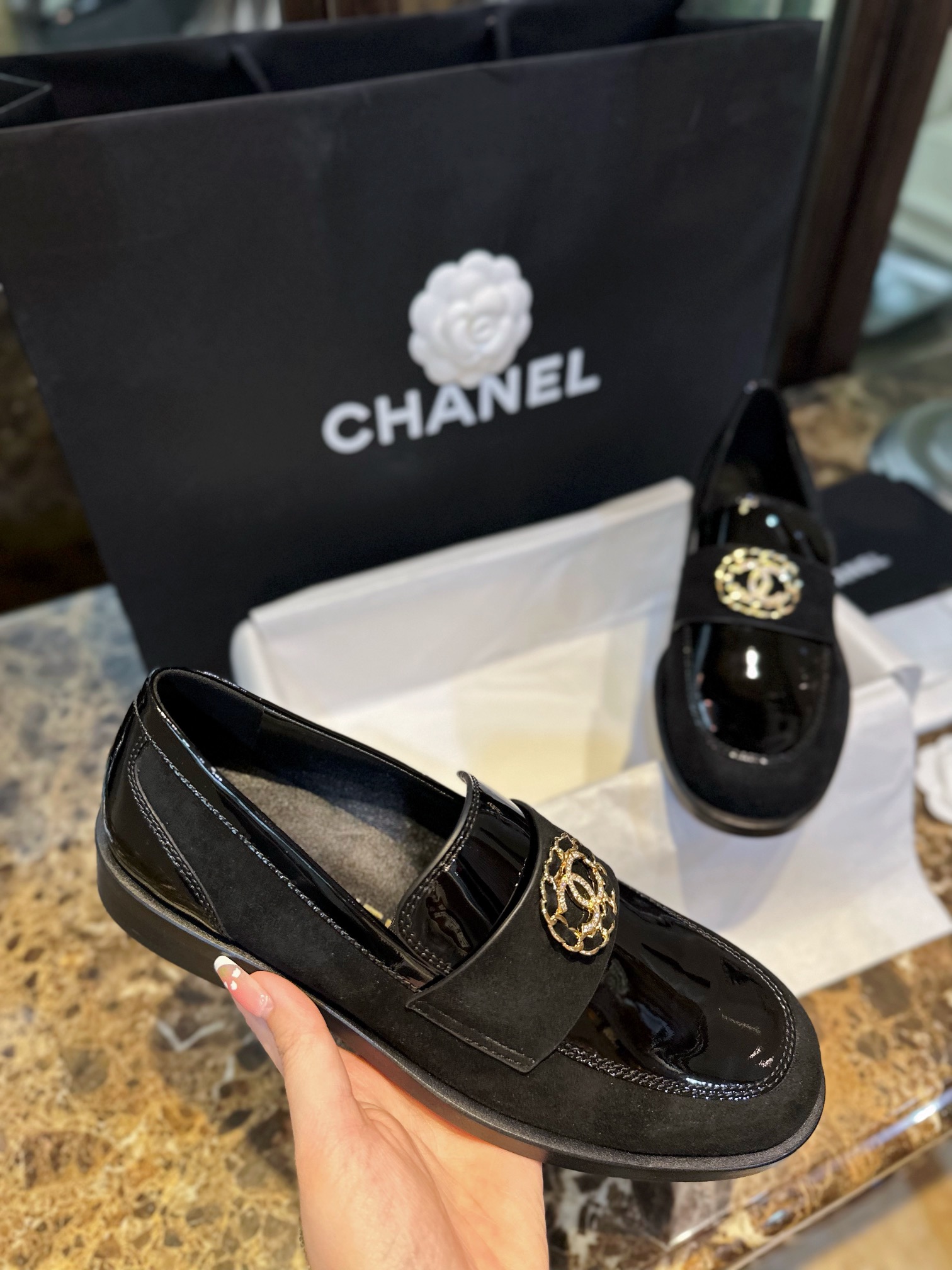 Chanel Black Patent Round Buckle Loafers