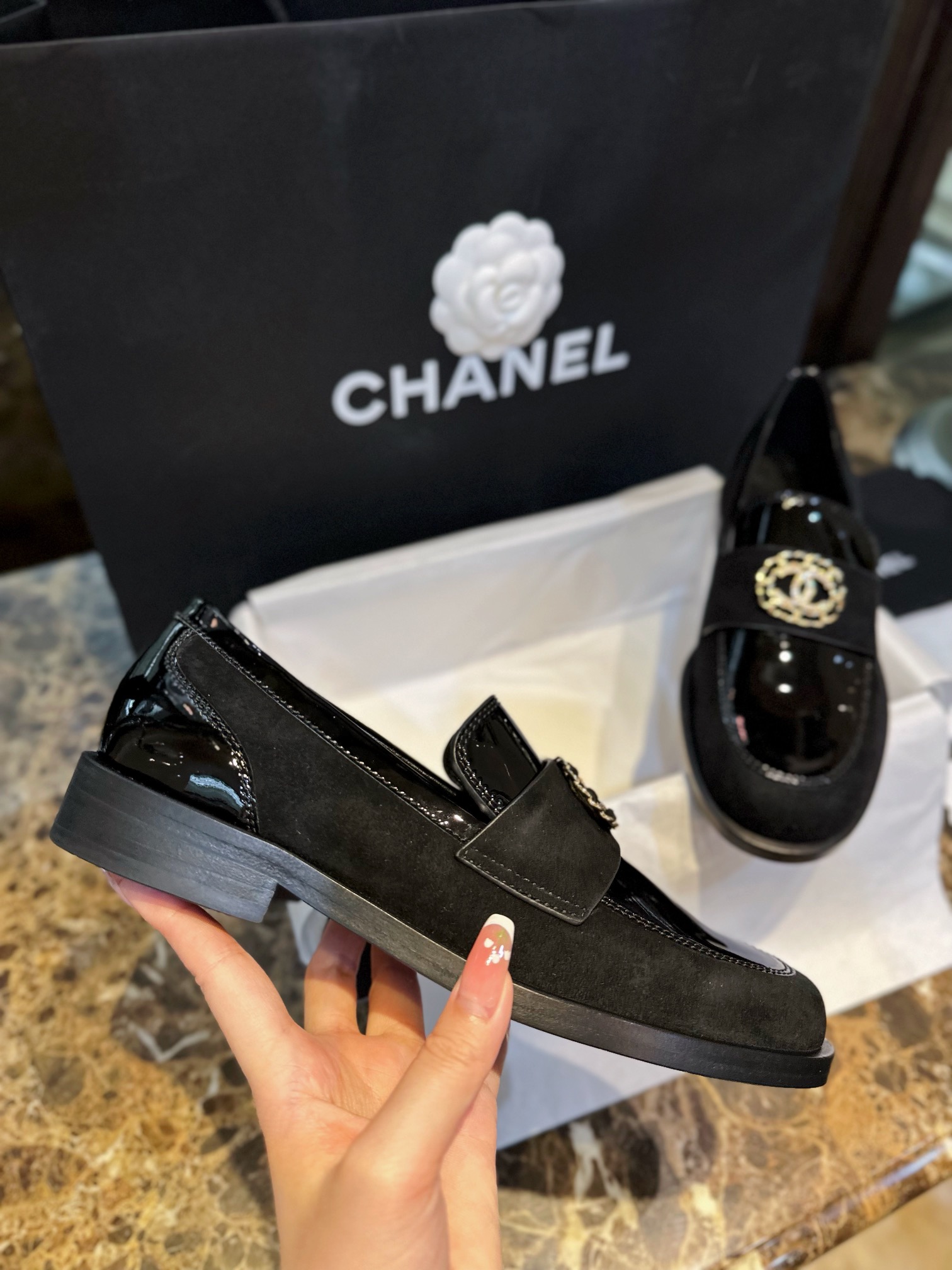 Chanel Black Patent Round Buckle Loafers