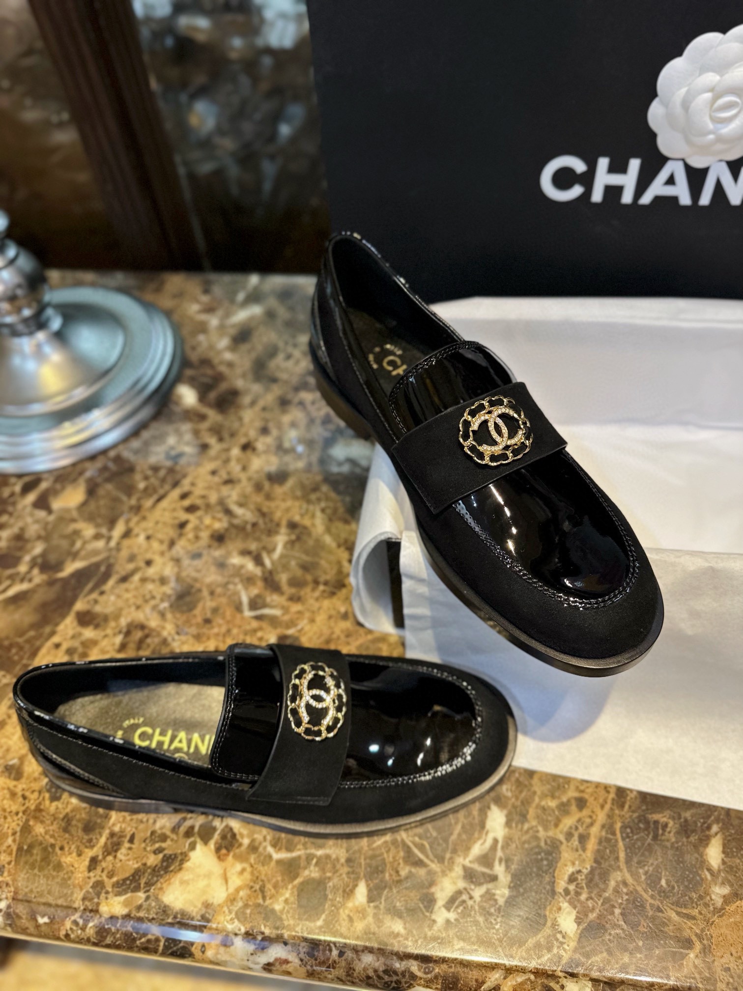 Chanel Black Patent Round Buckle Loafers