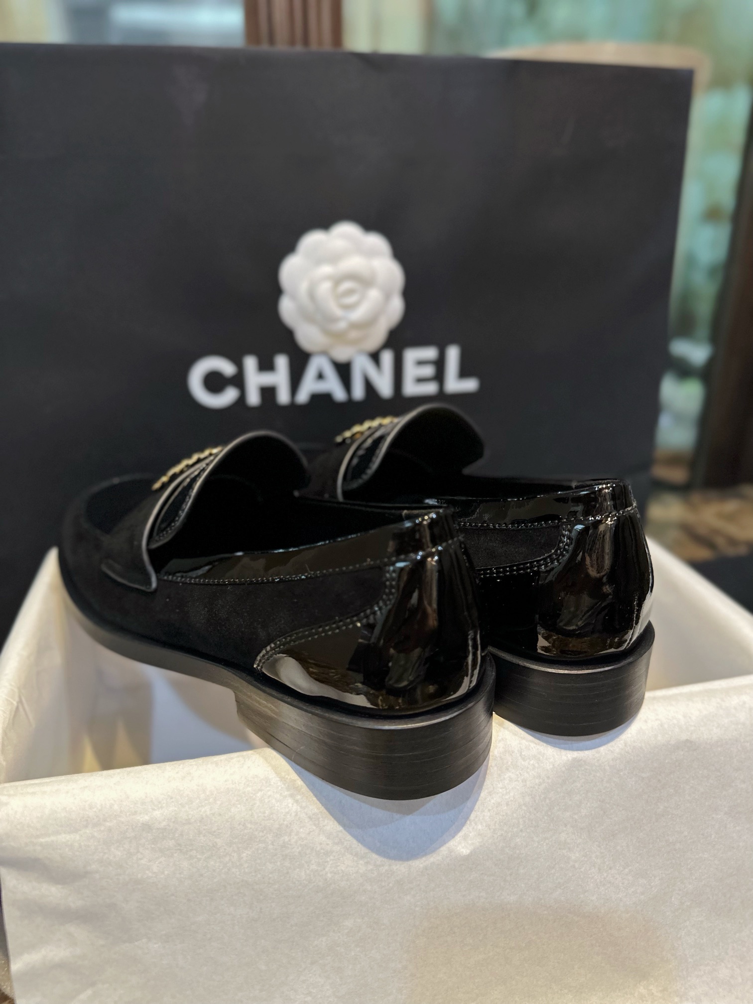 Chanel Black Patent Round Buckle Loafers