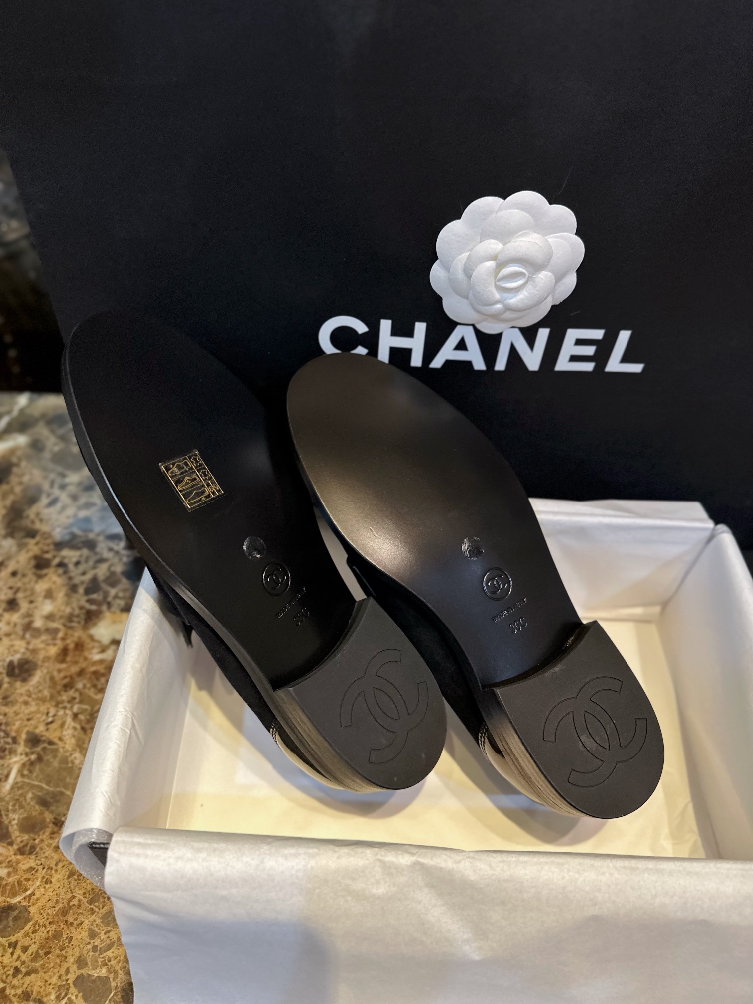 Chanel Black Patent Round Buckle Loafers