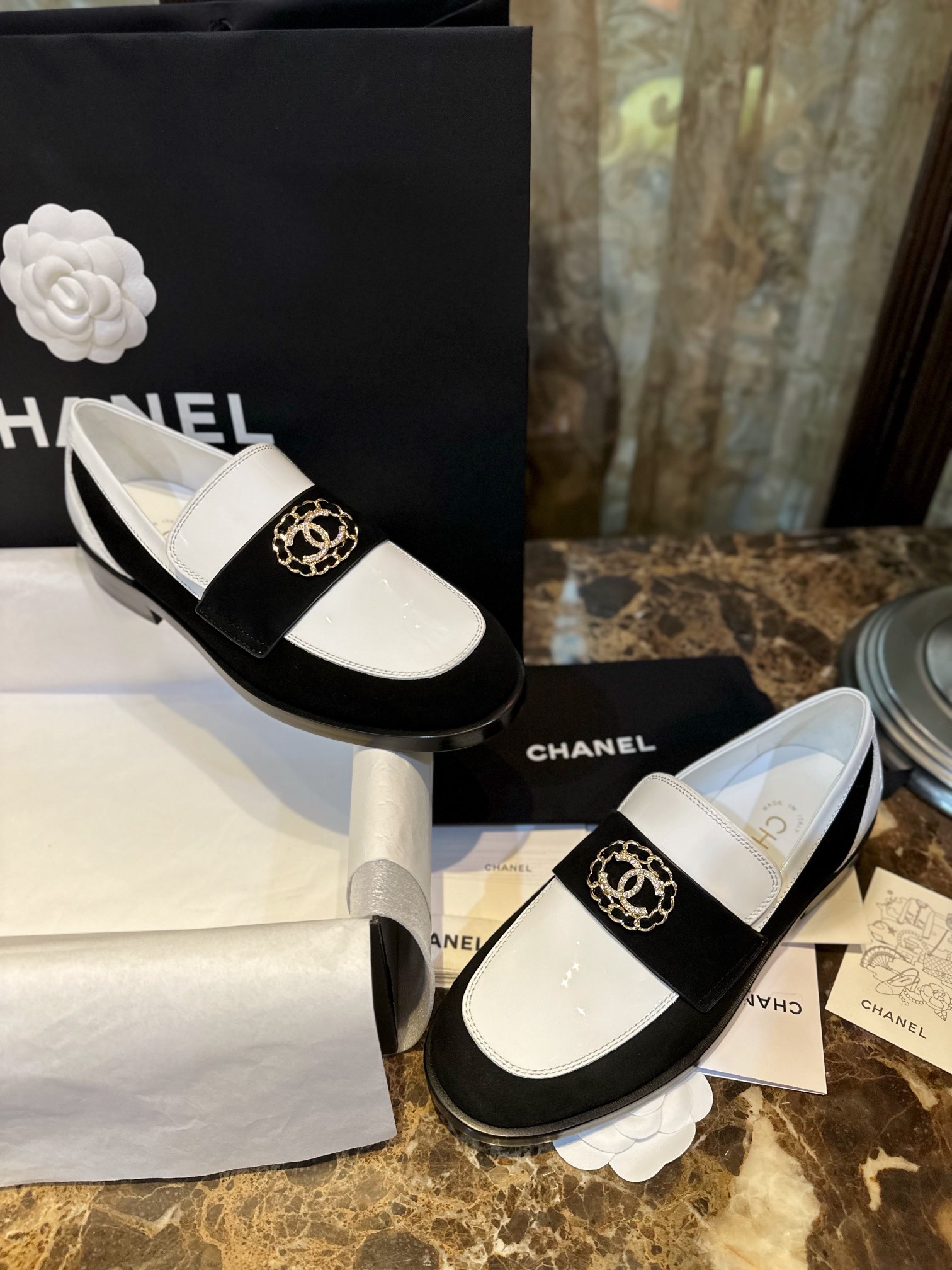 Chanel Black and White Round Buckle Loafers