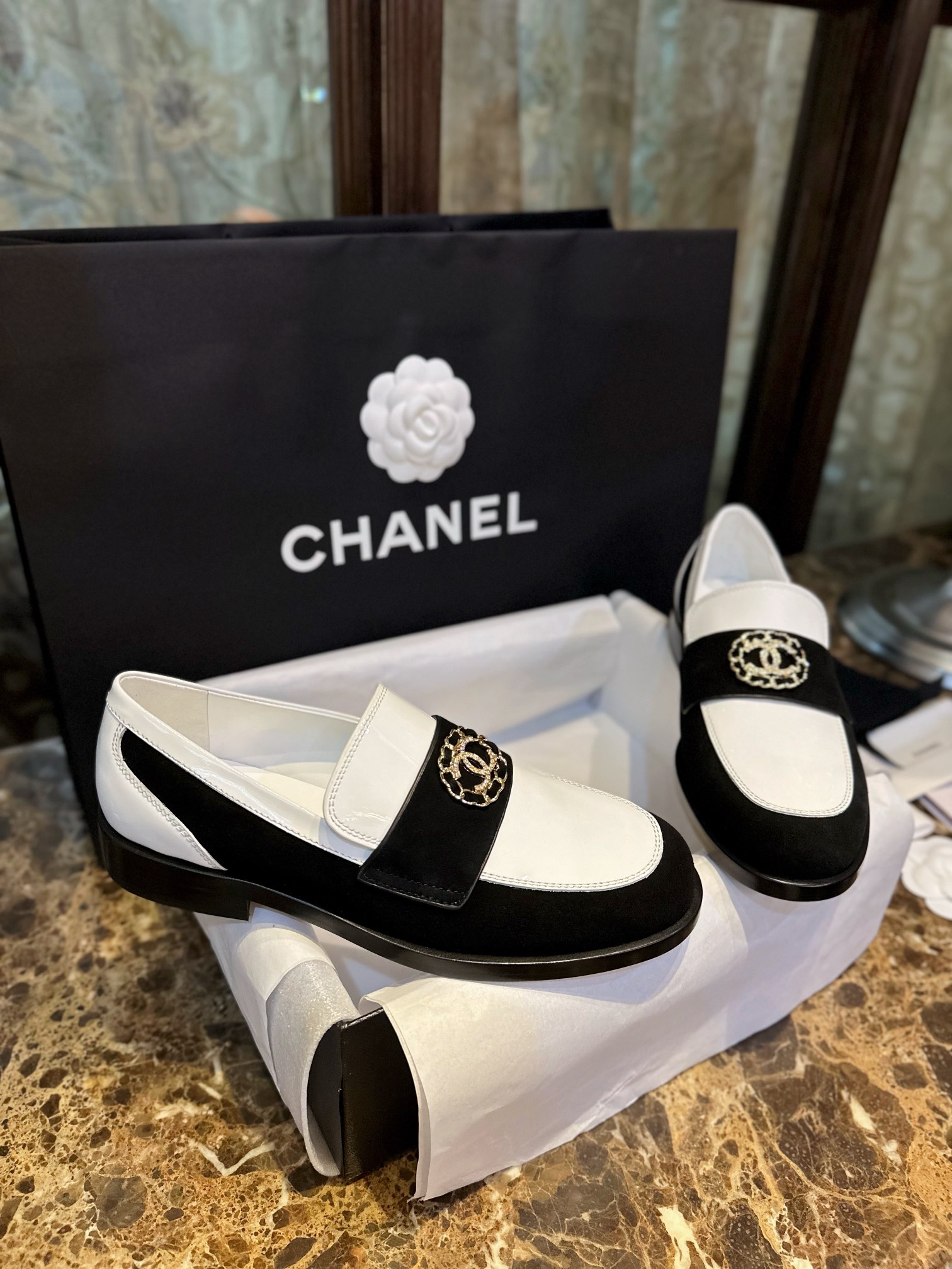 Chanel Black and White Round Buckle Loafers