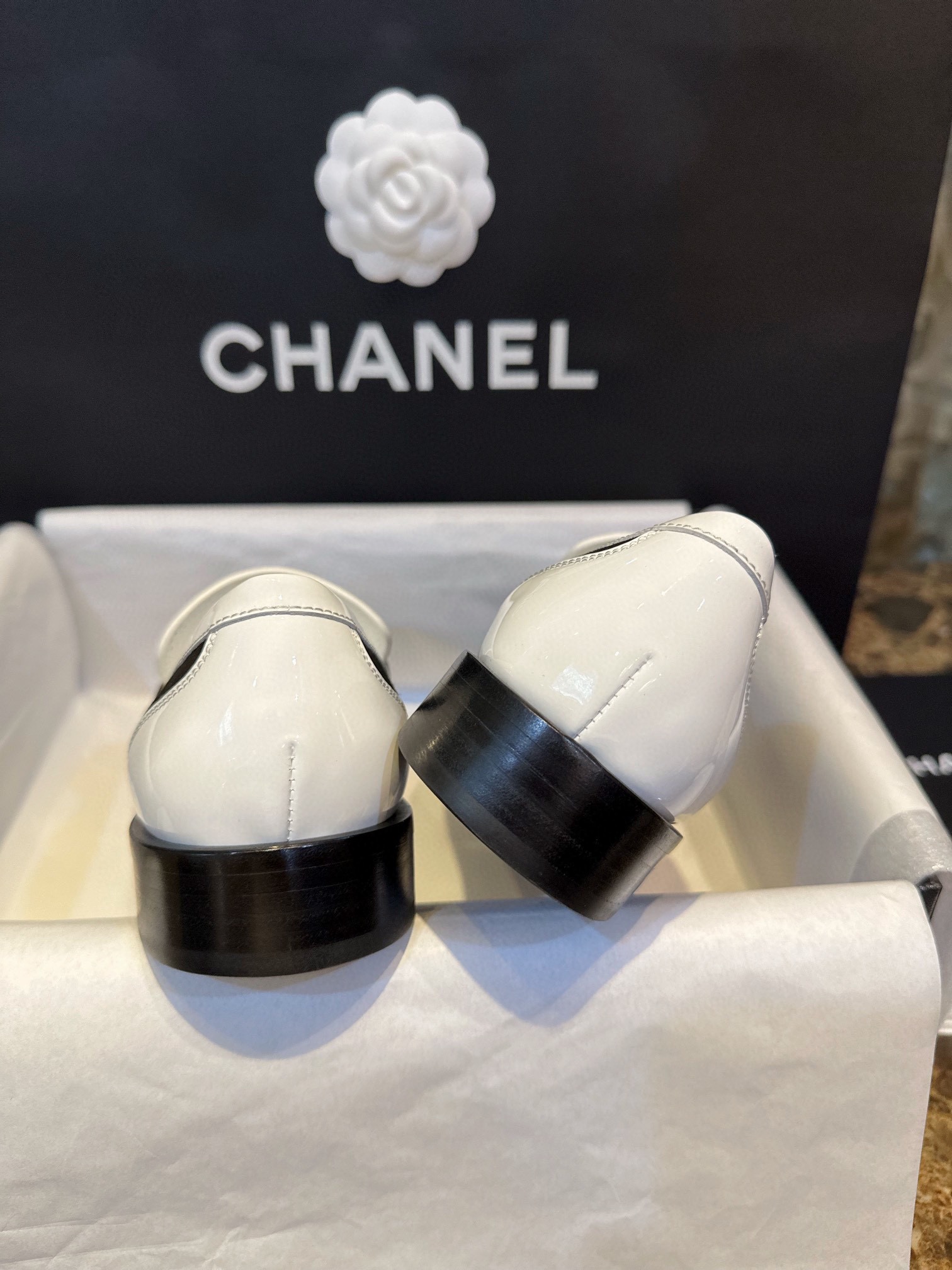 Chanel Black and White Round Buckle Loafers