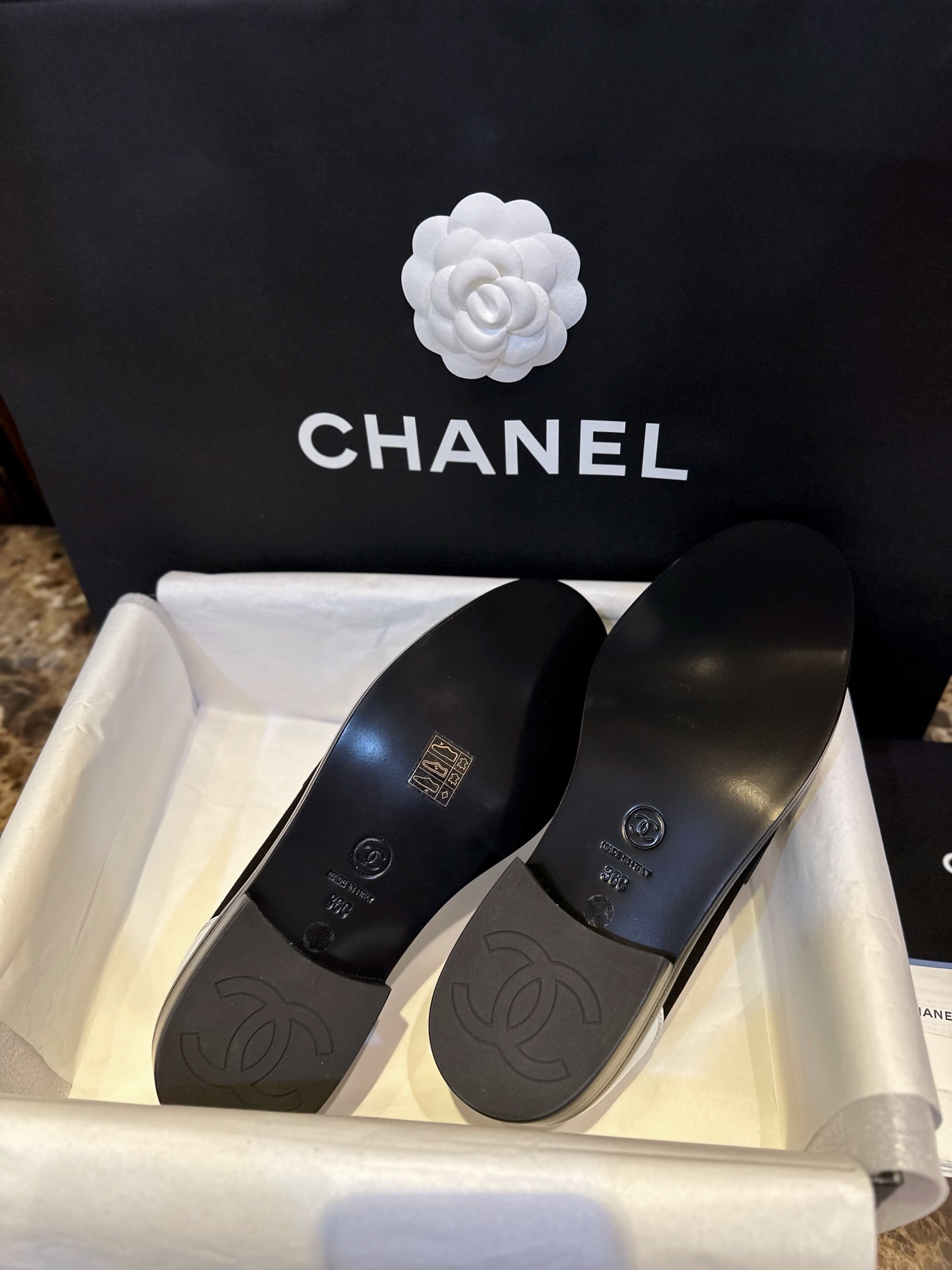 Chanel Black and White Round Buckle Loafers