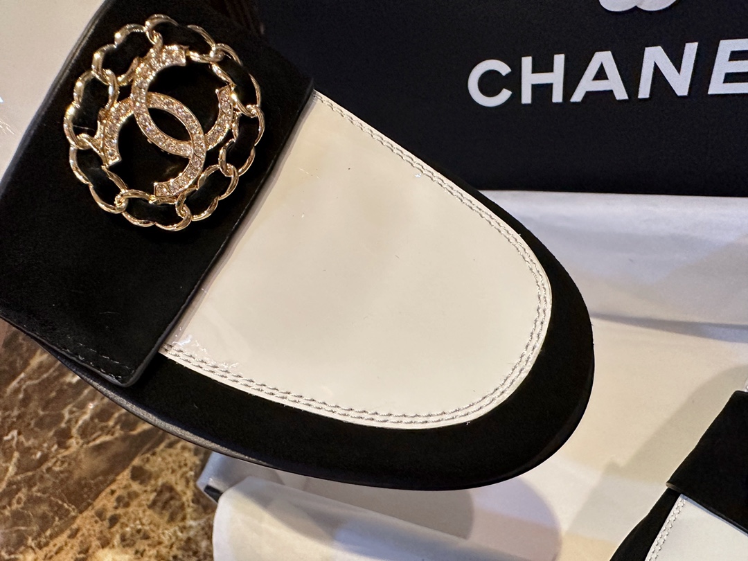 Chanel Black and White Round Buckle Loafers