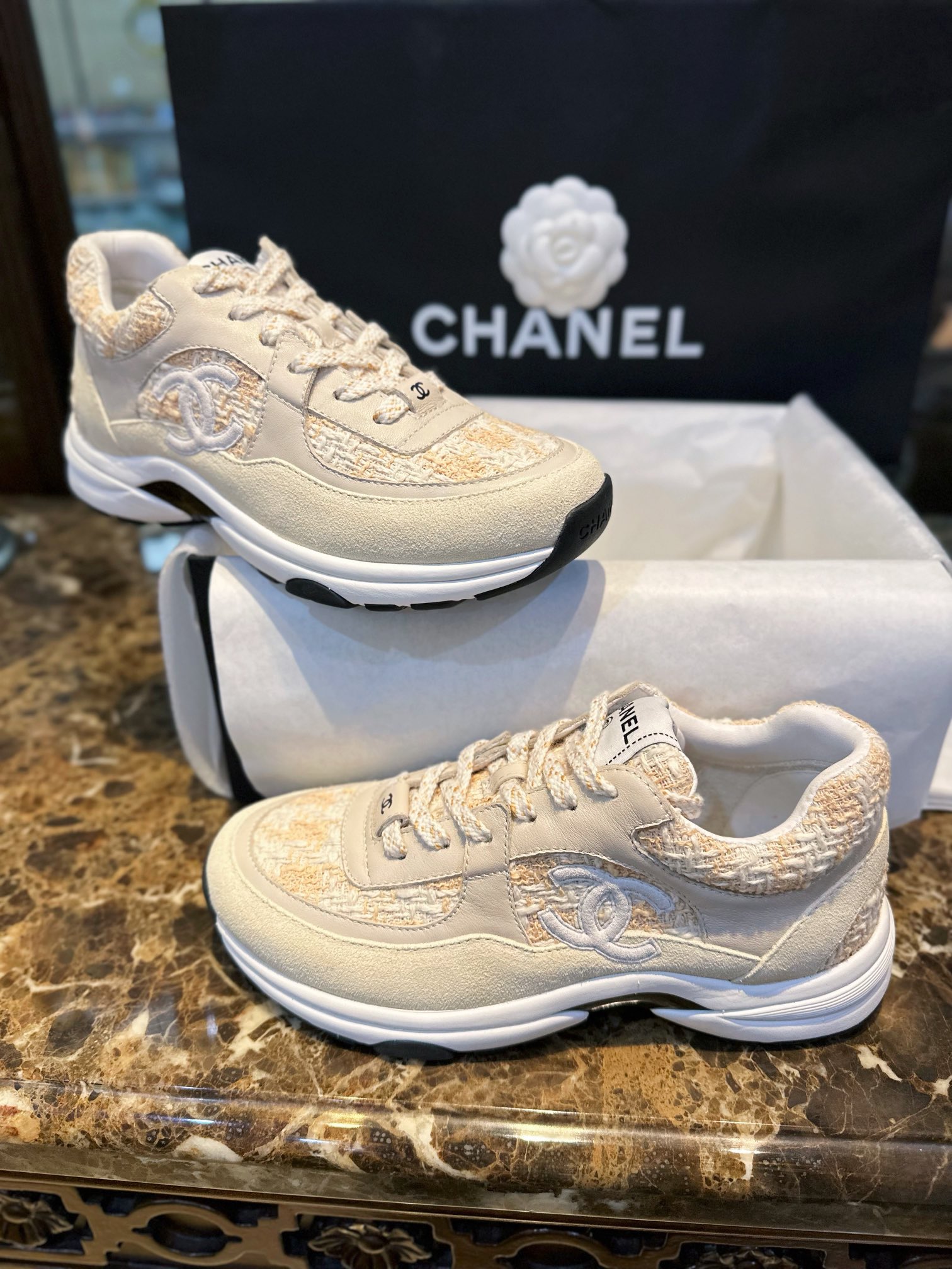 Chanel Tweed Orange Blossom Sports Shoes