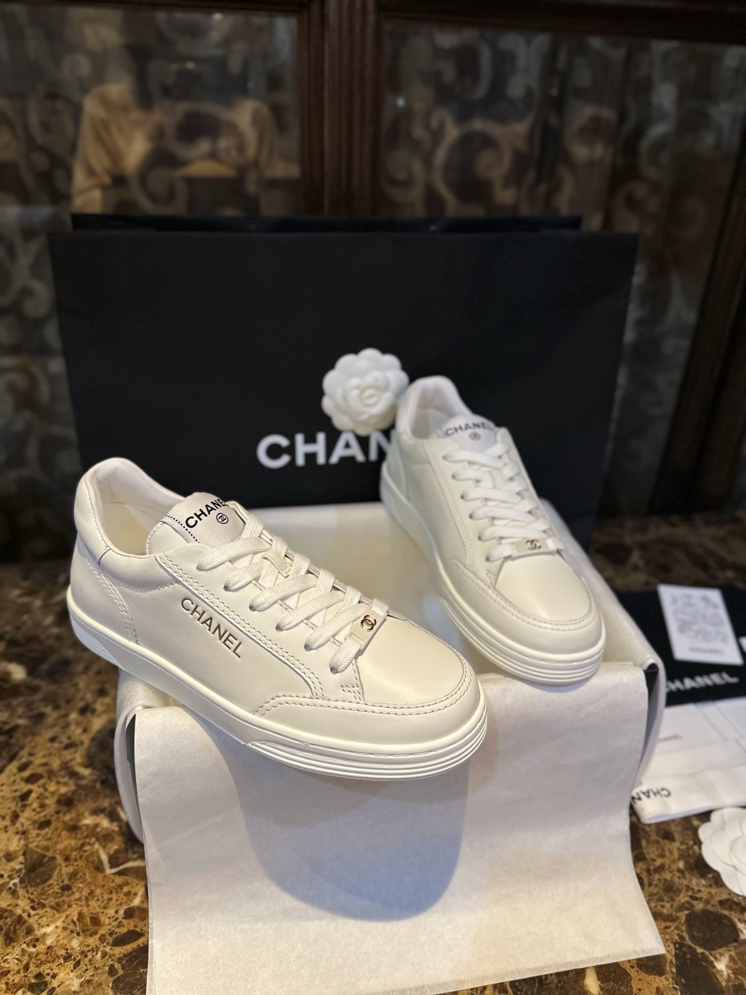 Chanel Minimalist Gold Foil White Shoes