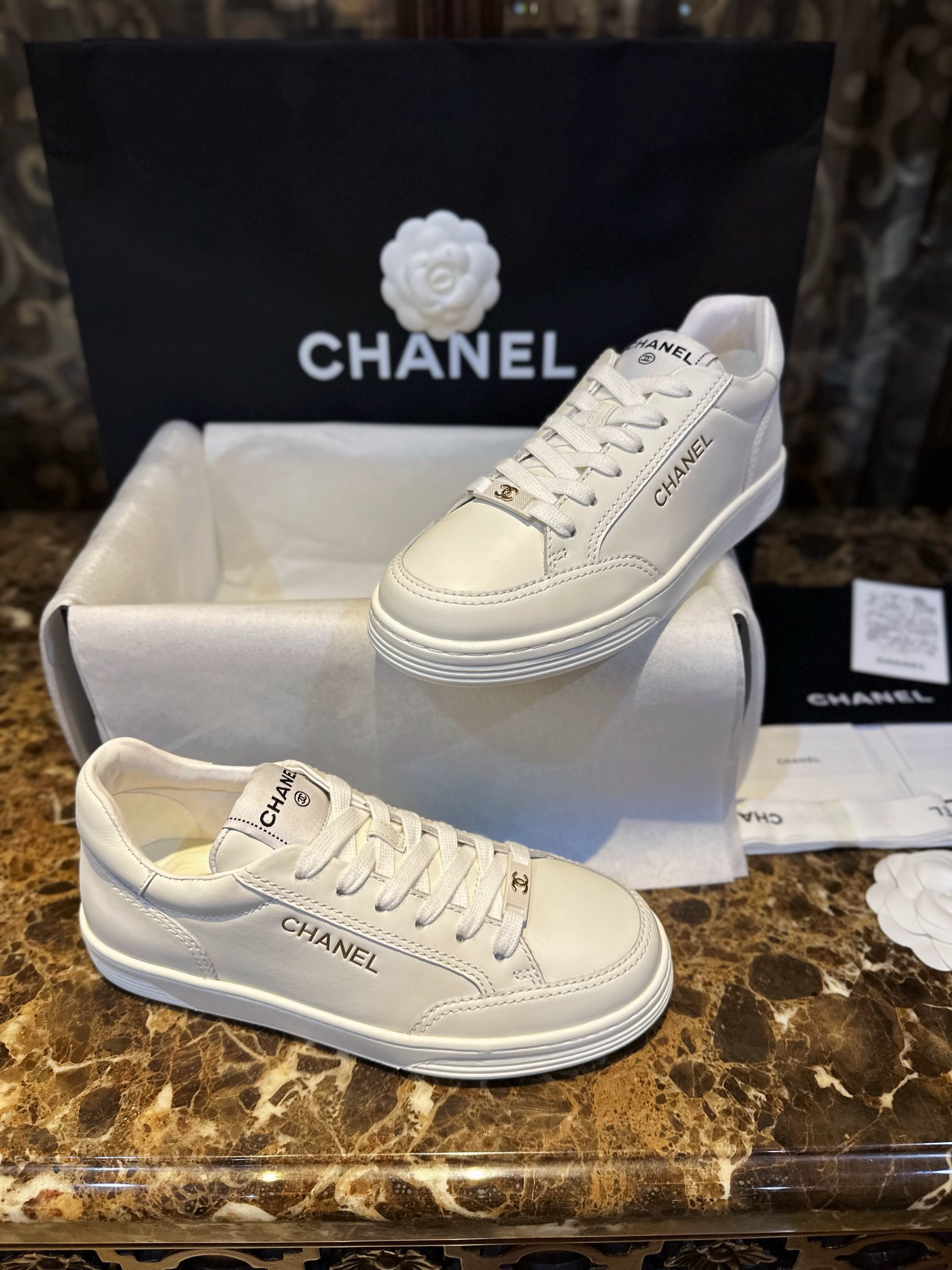 Chanel Minimalist Gold Foil White Shoes