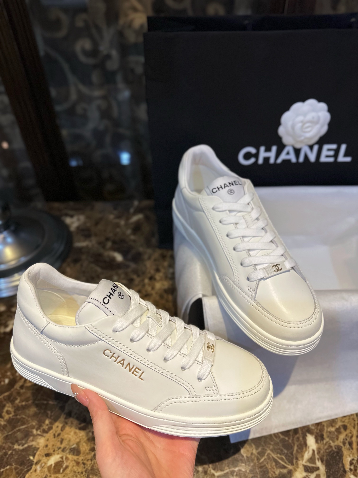 Chanel Minimalist Gold Foil White Shoes