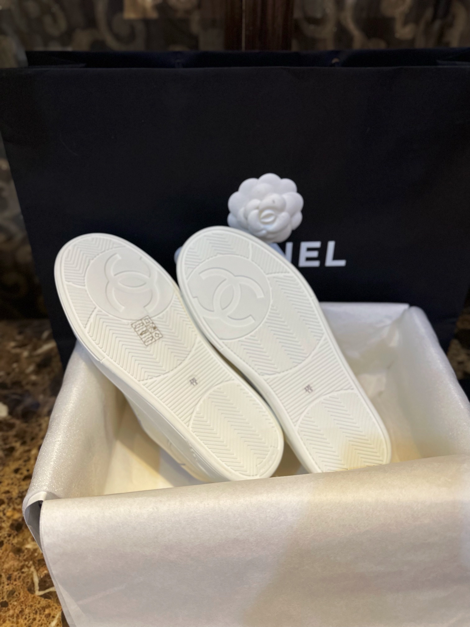 Chanel Minimalist Gold Foil White Shoes