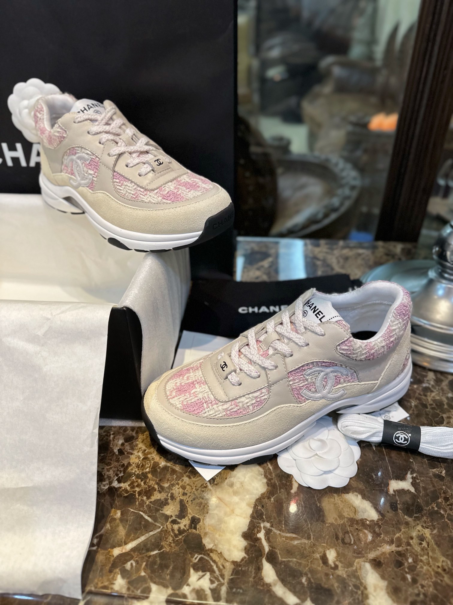 Chanel Tweed Pink Sports Shoes