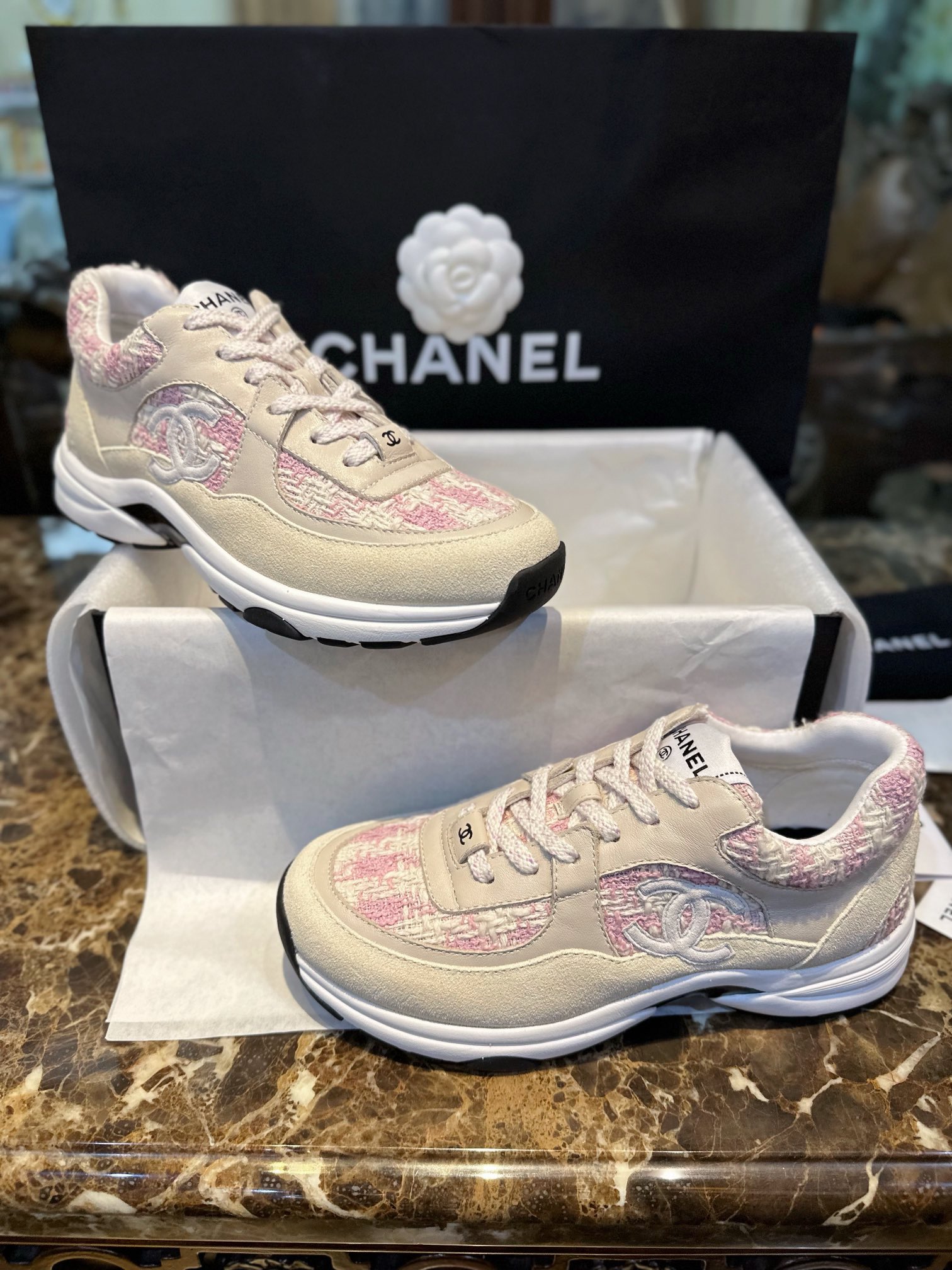 Chanel Tweed Pink Sports Shoes