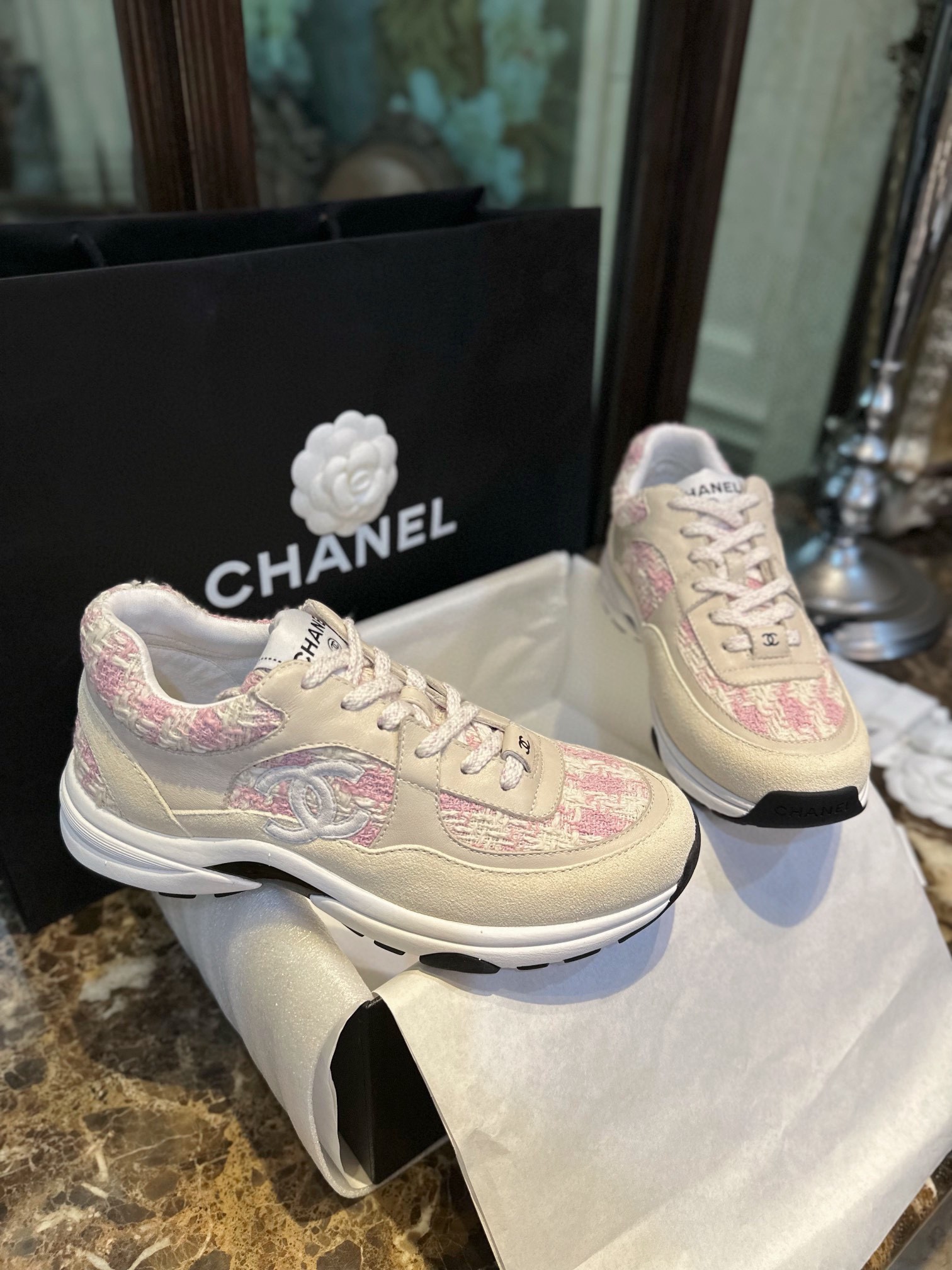 Chanel Tweed Pink Sports Shoes