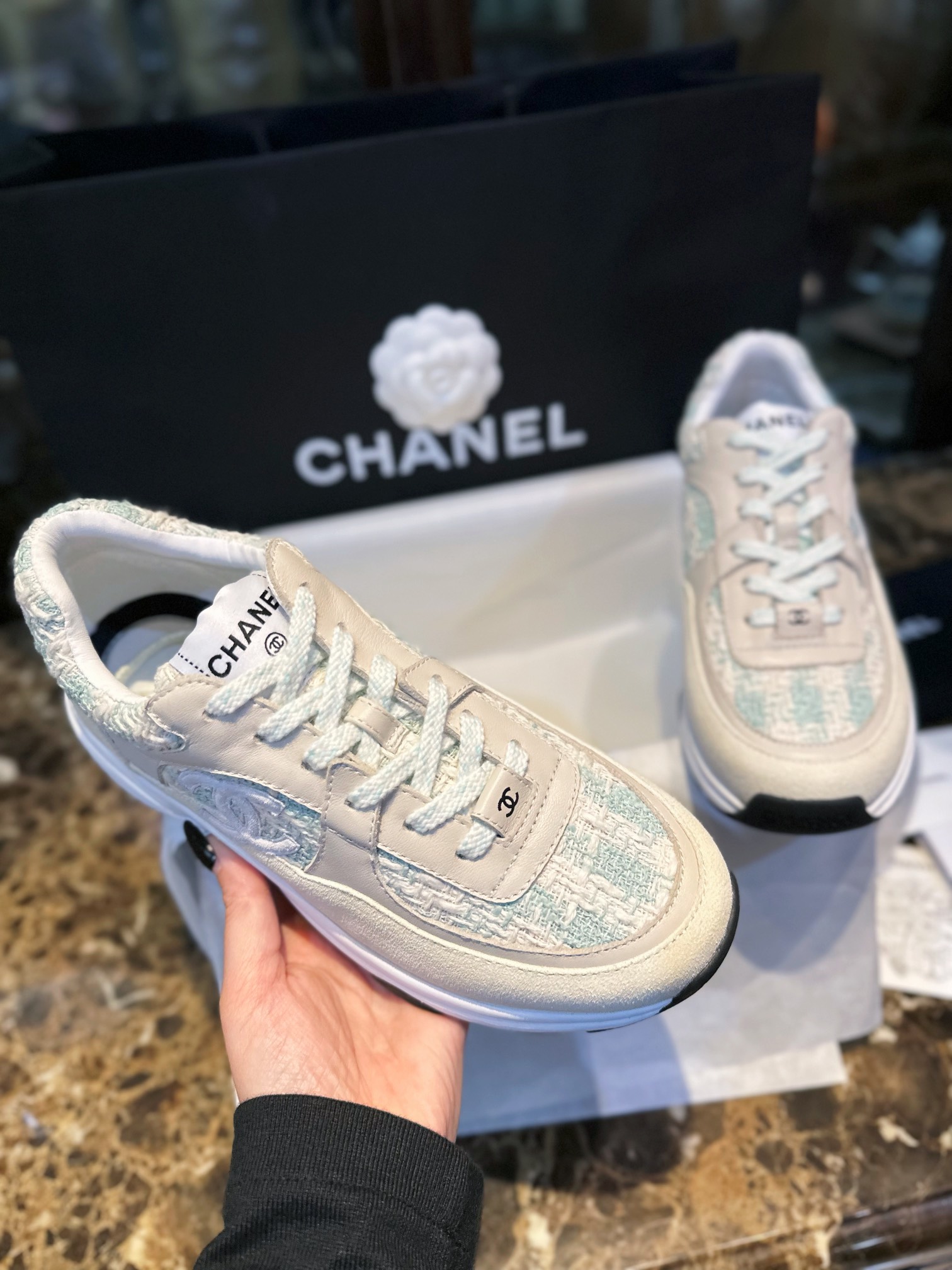 Chanel Grass Green Tweed Sports Shoes