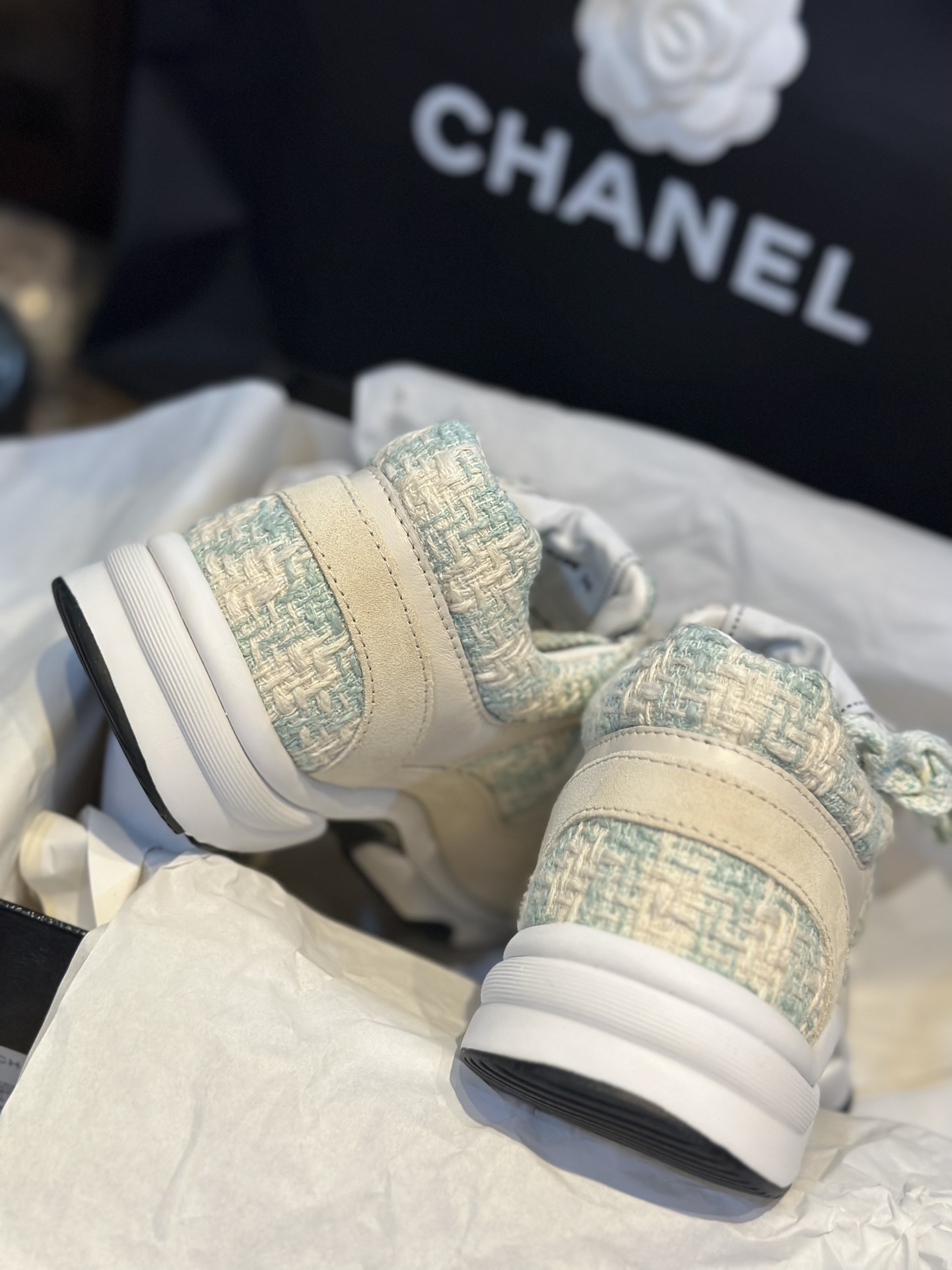 Chanel Grass Green Tweed Sports Shoes