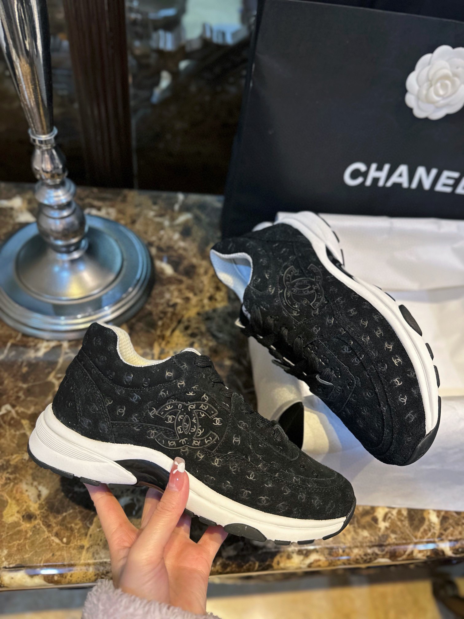 Chanel Black Embossed Pattern Sneakers