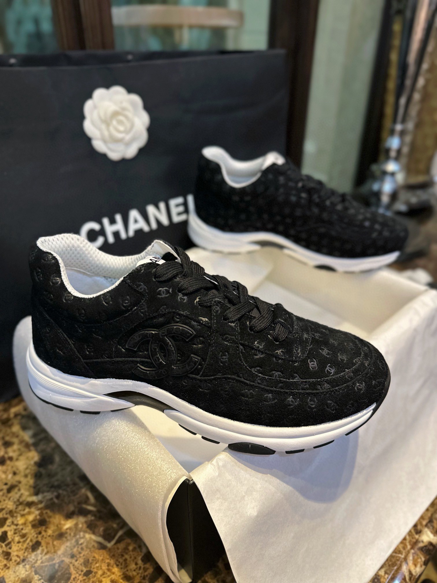 Chanel Black Embossed Pattern Sneakers