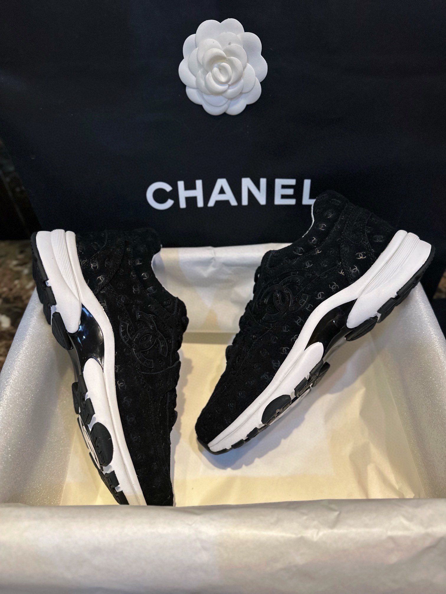 Chanel Black Embossed Pattern Sneakers