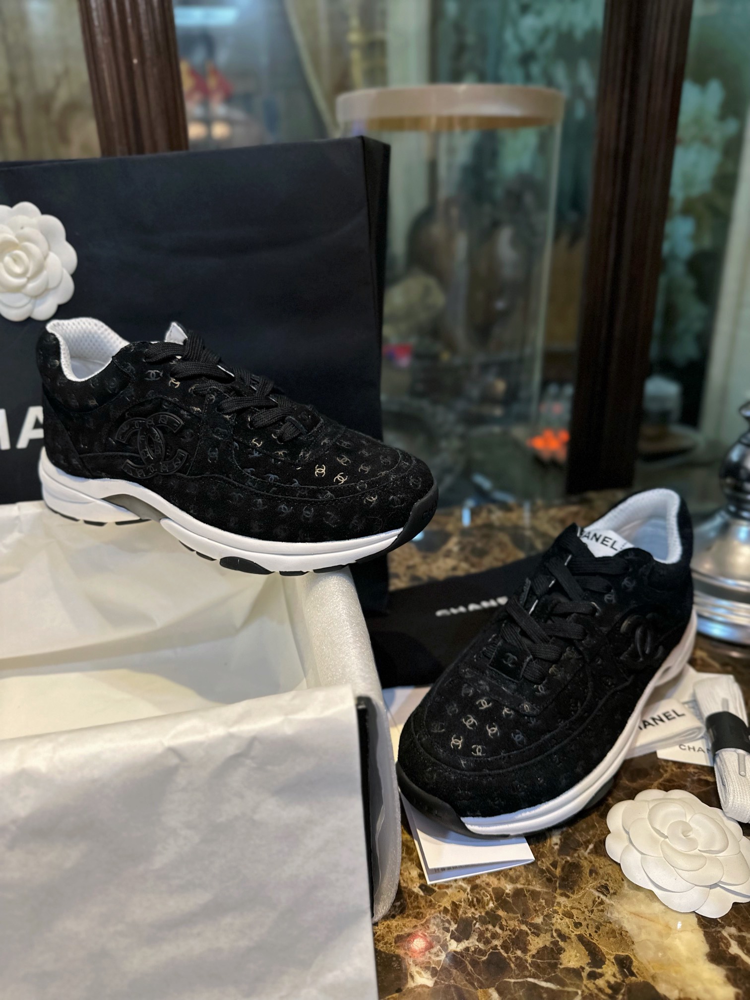 Chanel Black Embossed Pattern Sneakers