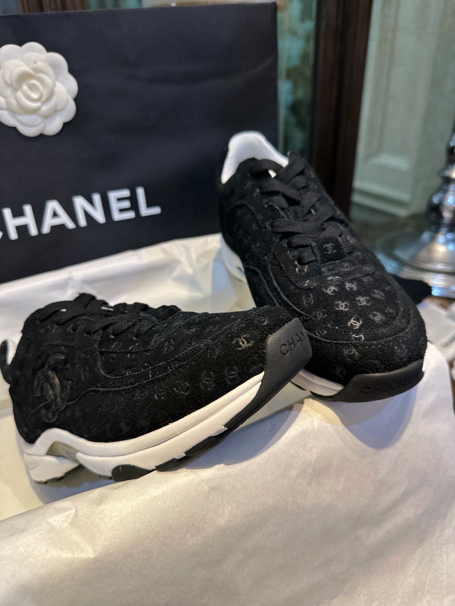 Chanel Black Embossed Pattern Sneakers