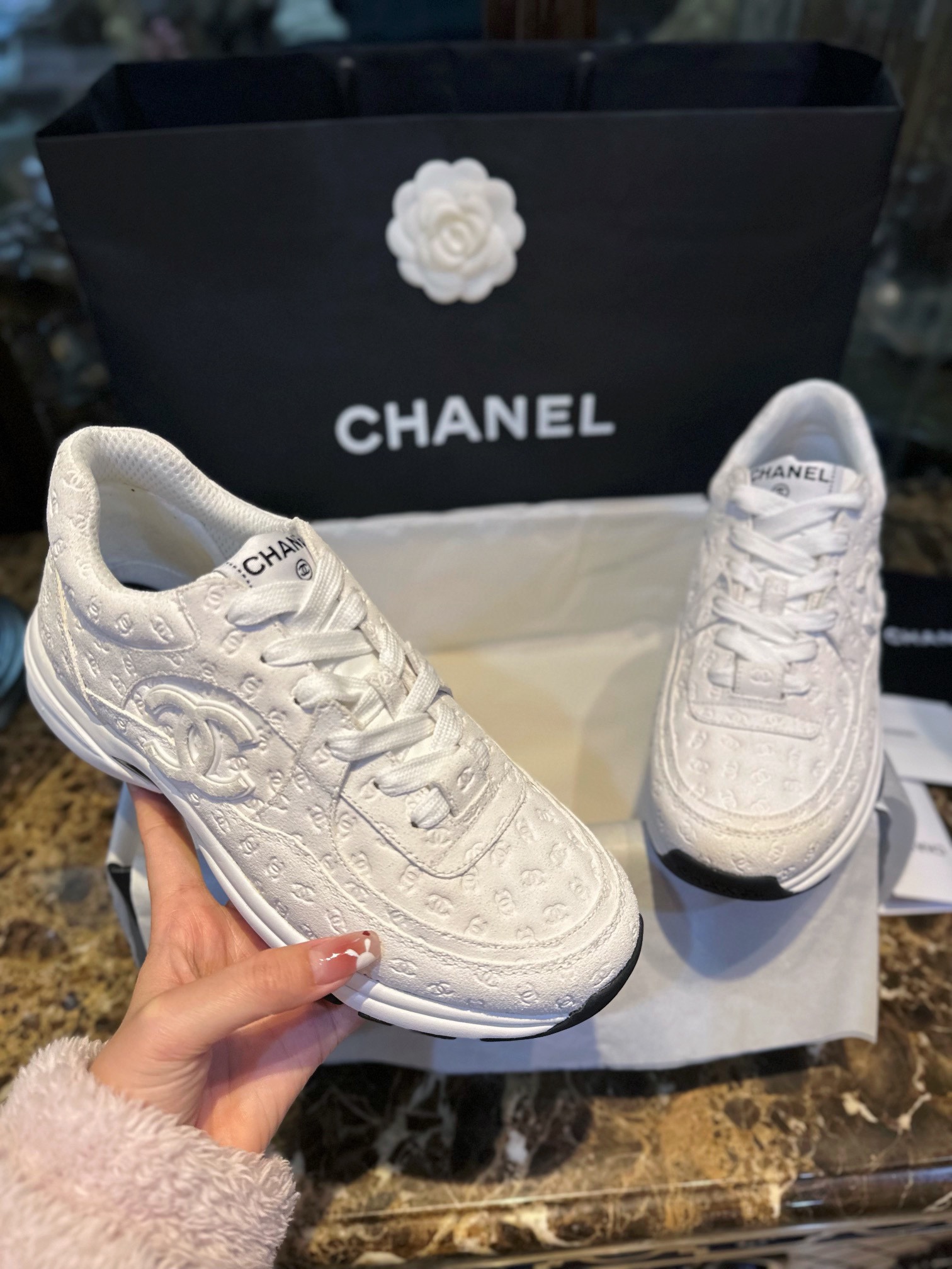 Chanel Solid Color Embossed Pattern Sneakers