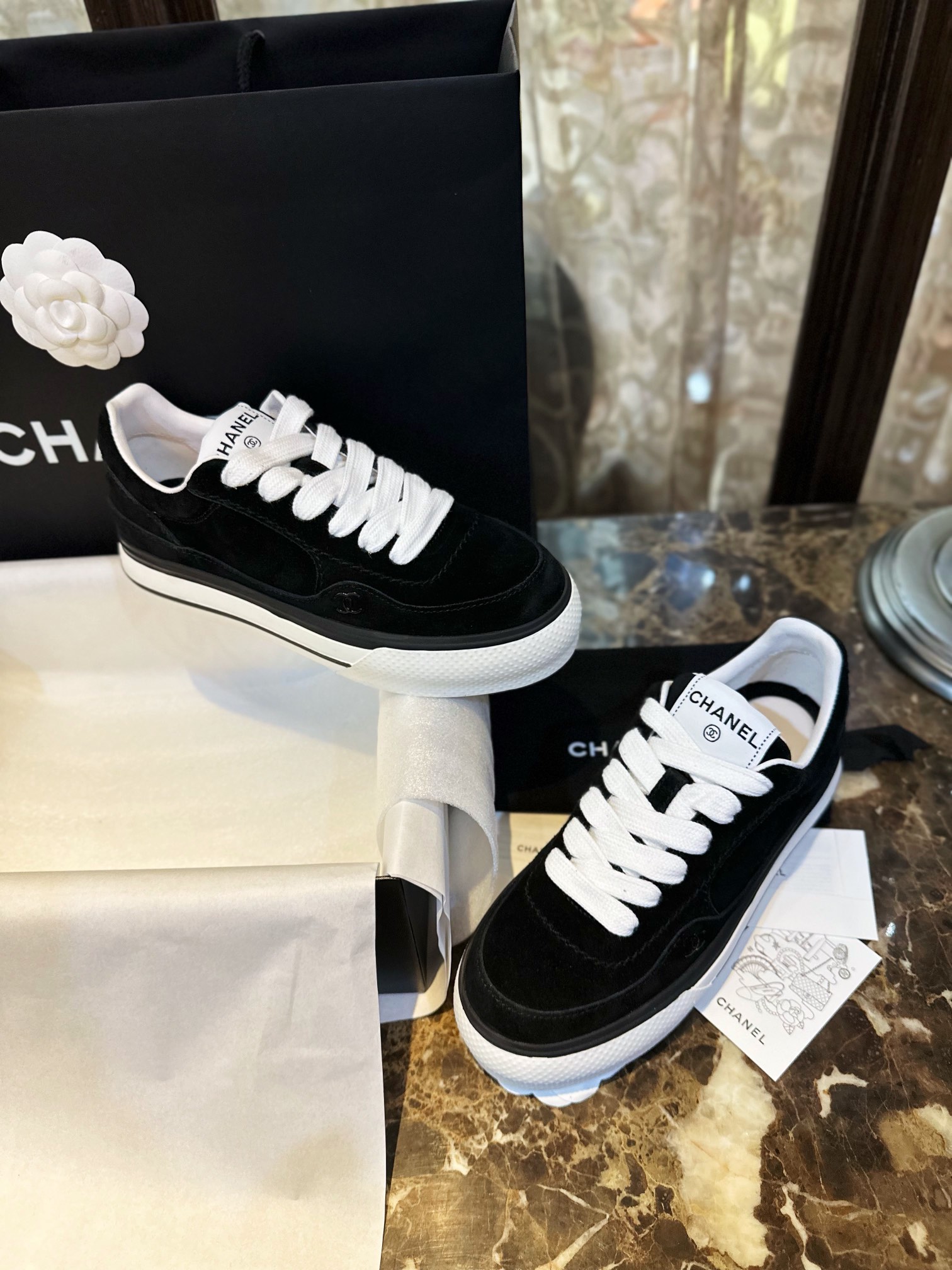 Chanel Black Suede Panda Skate Shoes: Pure Black Upper + Black TPU Chunky Sole Combo