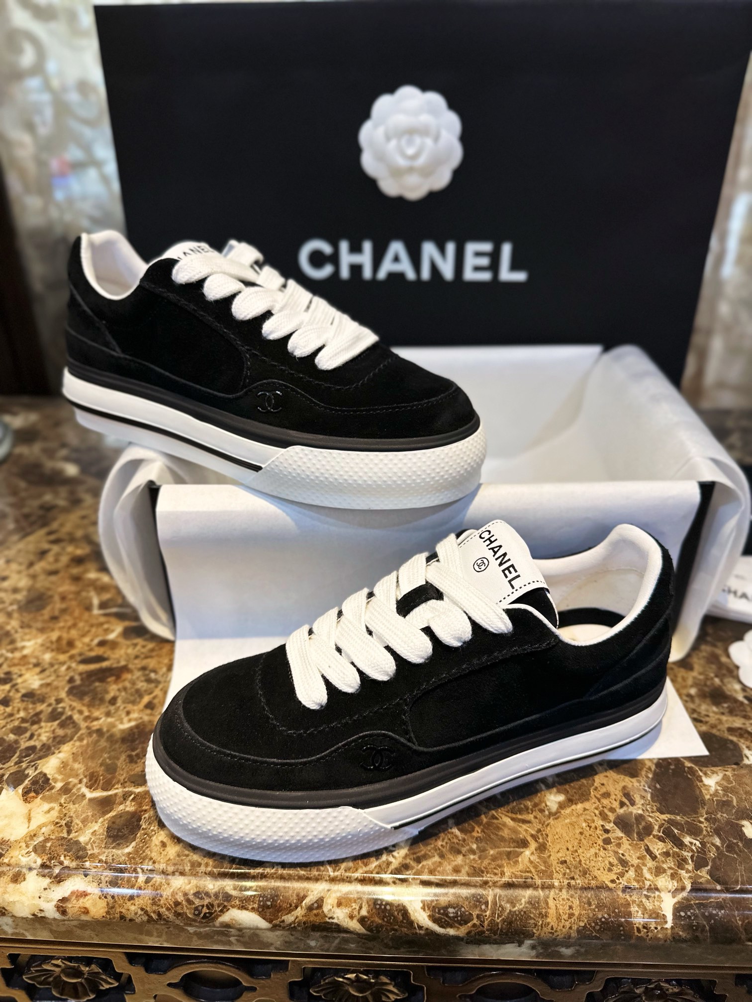 Chanel Black Suede Panda Skate Shoes: Pure Black Upper + Black TPU Chunky Sole Combo